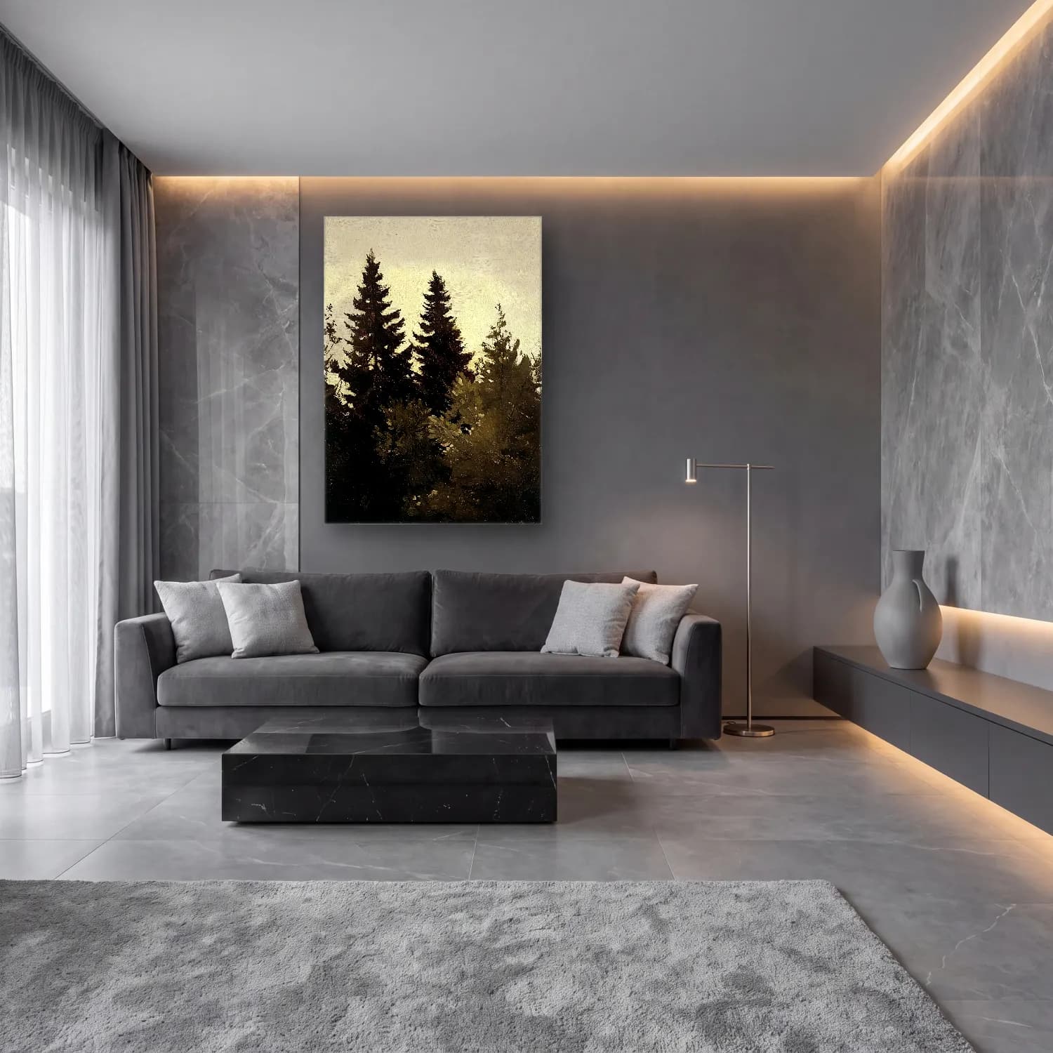 Yağlı Boya Orman No. 7 cam tablo — lüks salon duvarında