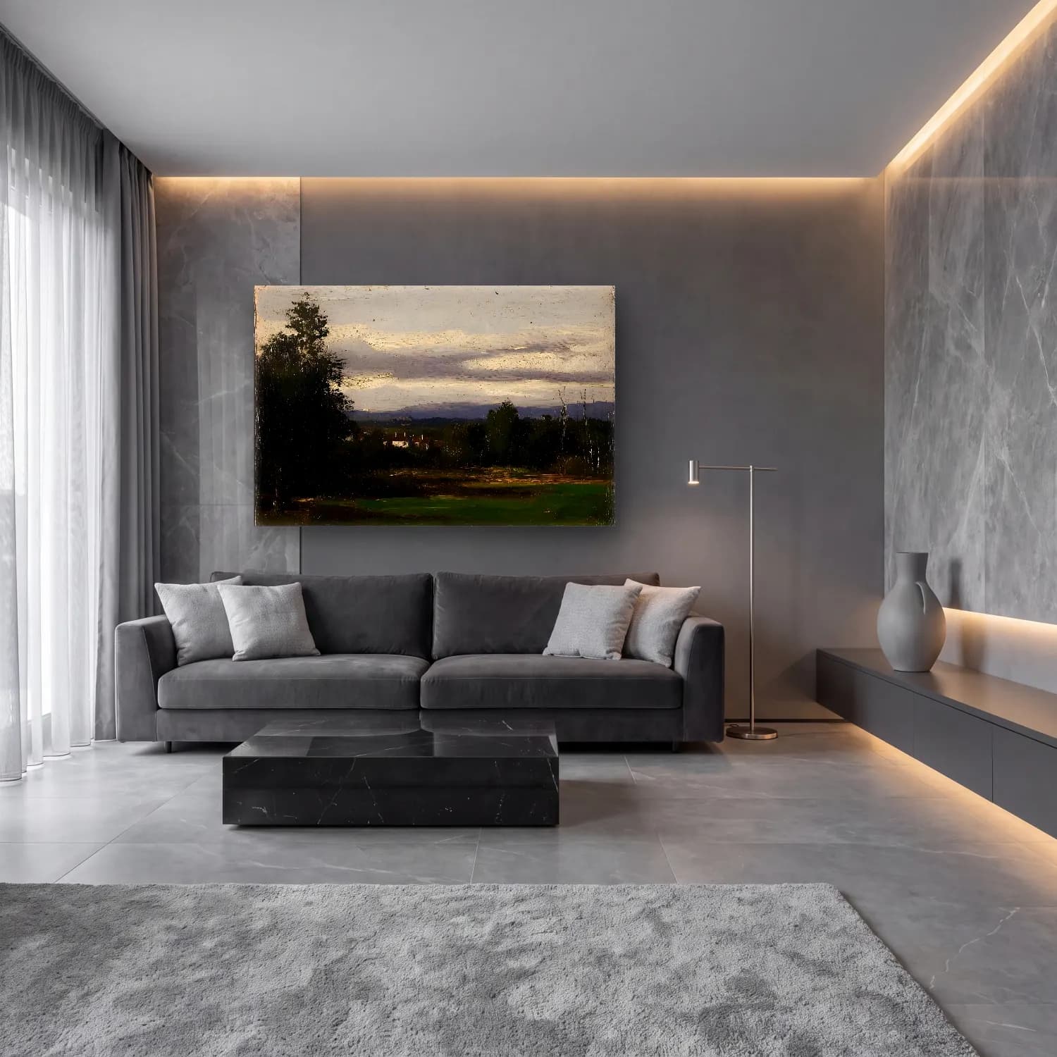 Yağlı Boya Kır Evi No. 26 cam tablo — lüks salon duvarında
