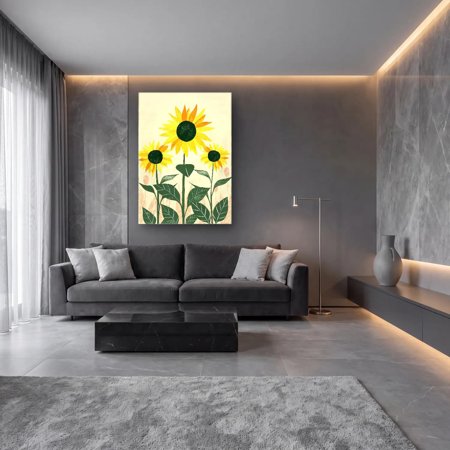 Botanik İllüstrasyon Ayçiçekleri No. 6 cam tablo — lüks salon duvarında