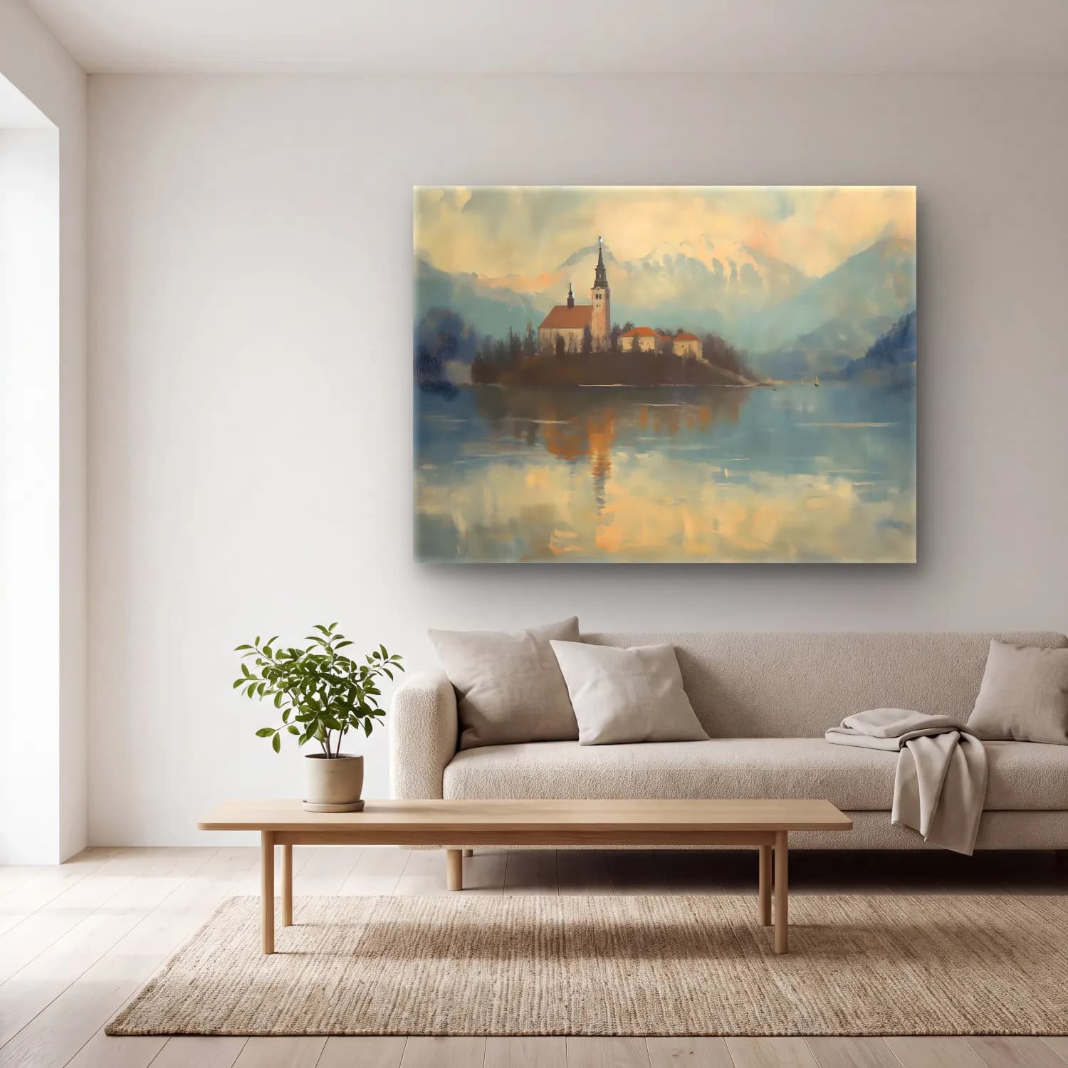 Empresyonist Katedral – Pastel Tonlar cam tablo — açık renk salonda
