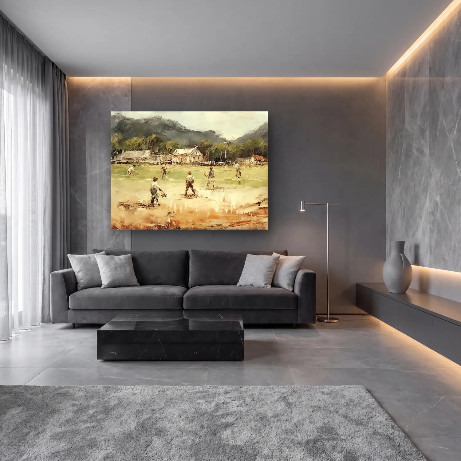 Empresyonist Golf – Bej Tonlar cam tablo — lüks salon duvarında