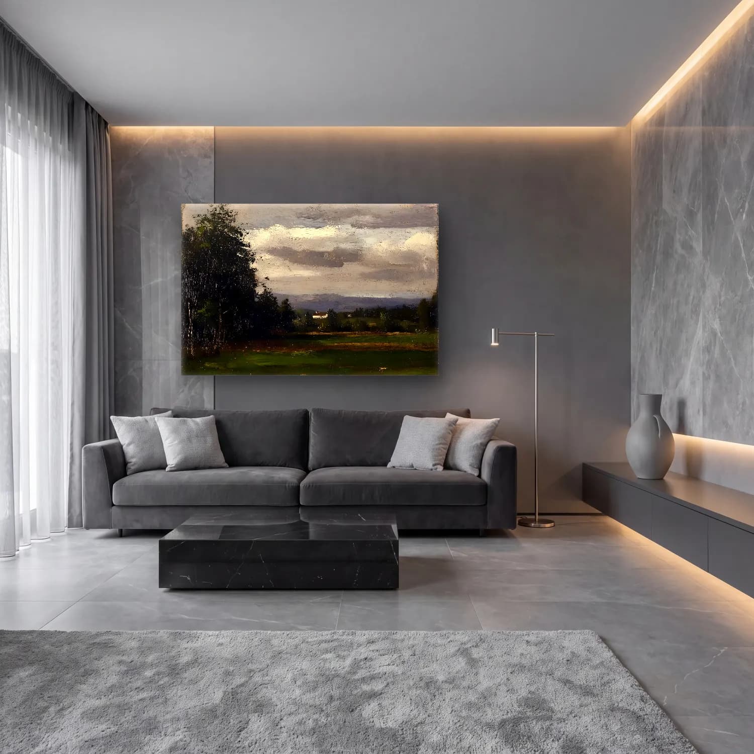 Yağlı Boya Kır Evi No. 34 cam tablo — lüks salon duvarında
