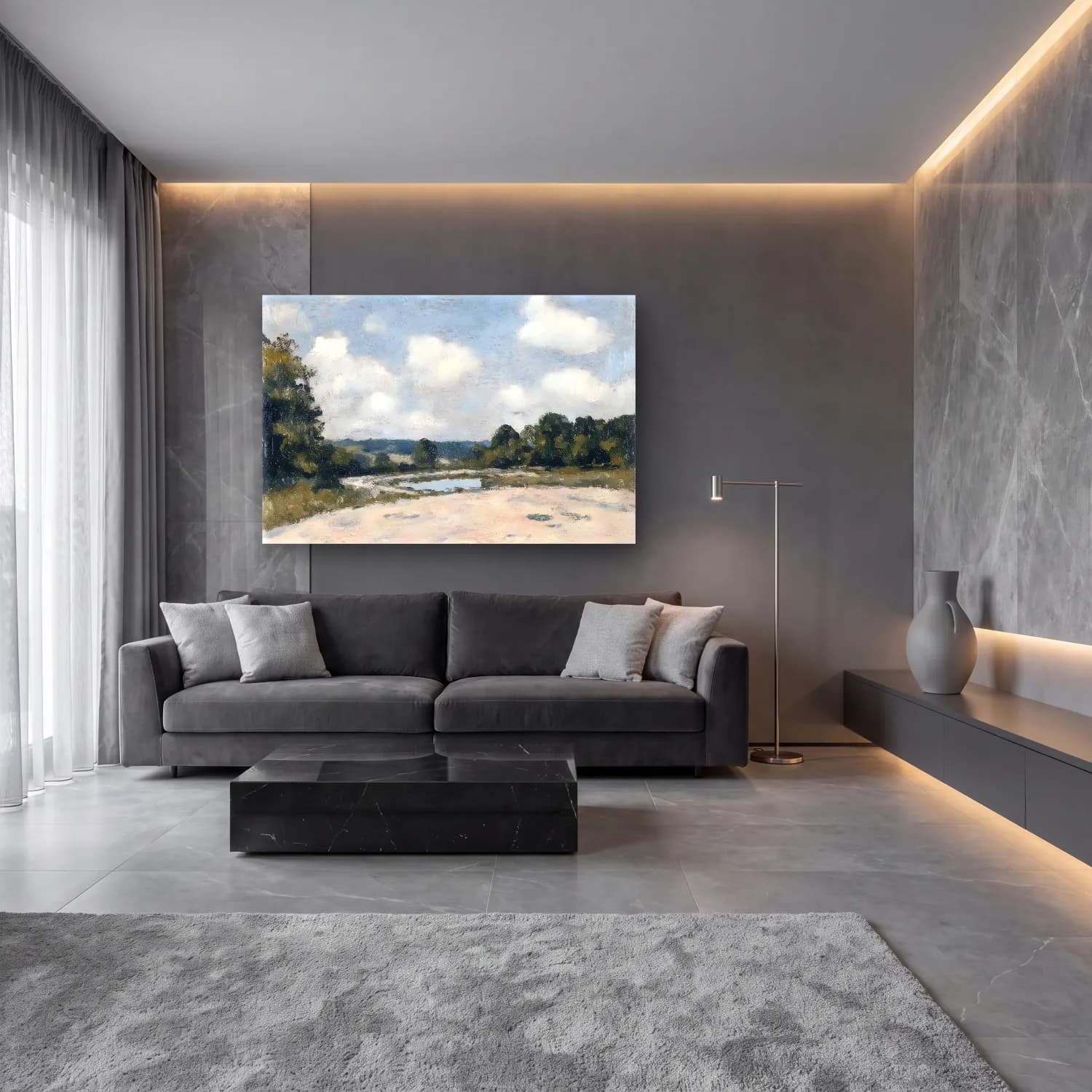 Empresyonist Kırda Nehir No. 16 cam tablo — lüks salon duvarında