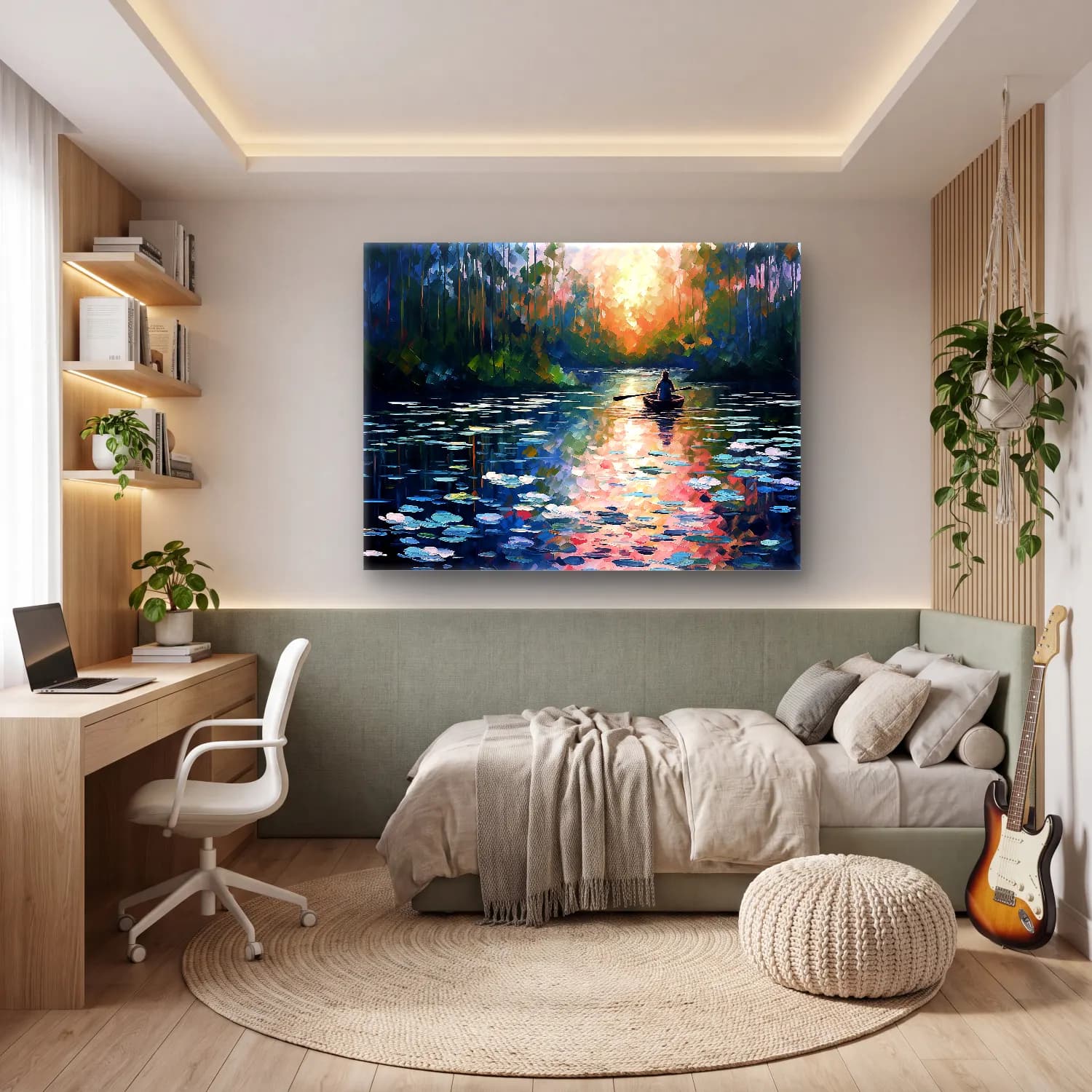 Empresyonist Gün Batımında Göl – Turkuaz Tonlar cam tablo — genç odasında