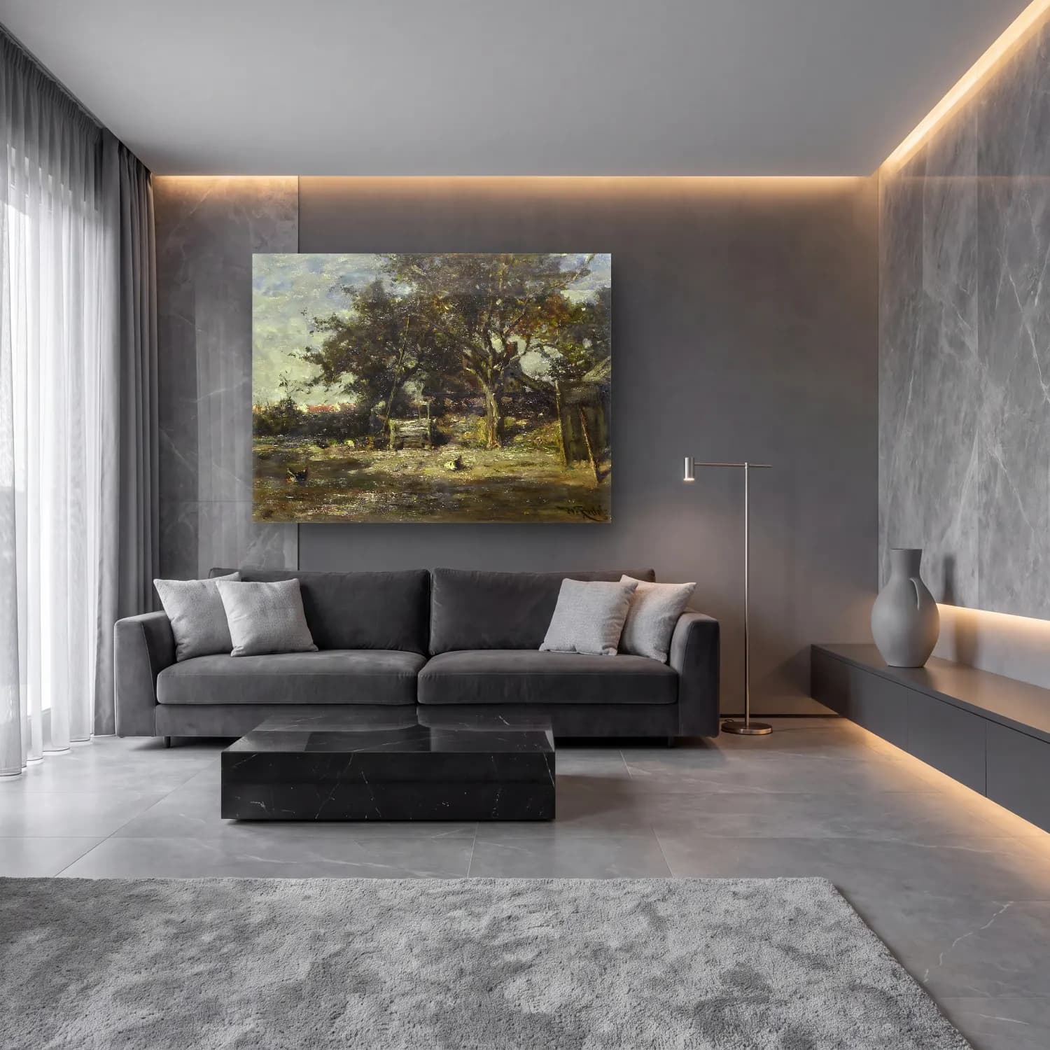 Empresyonist Kır Evi No. 17 cam tablo — lüks salon duvarında
