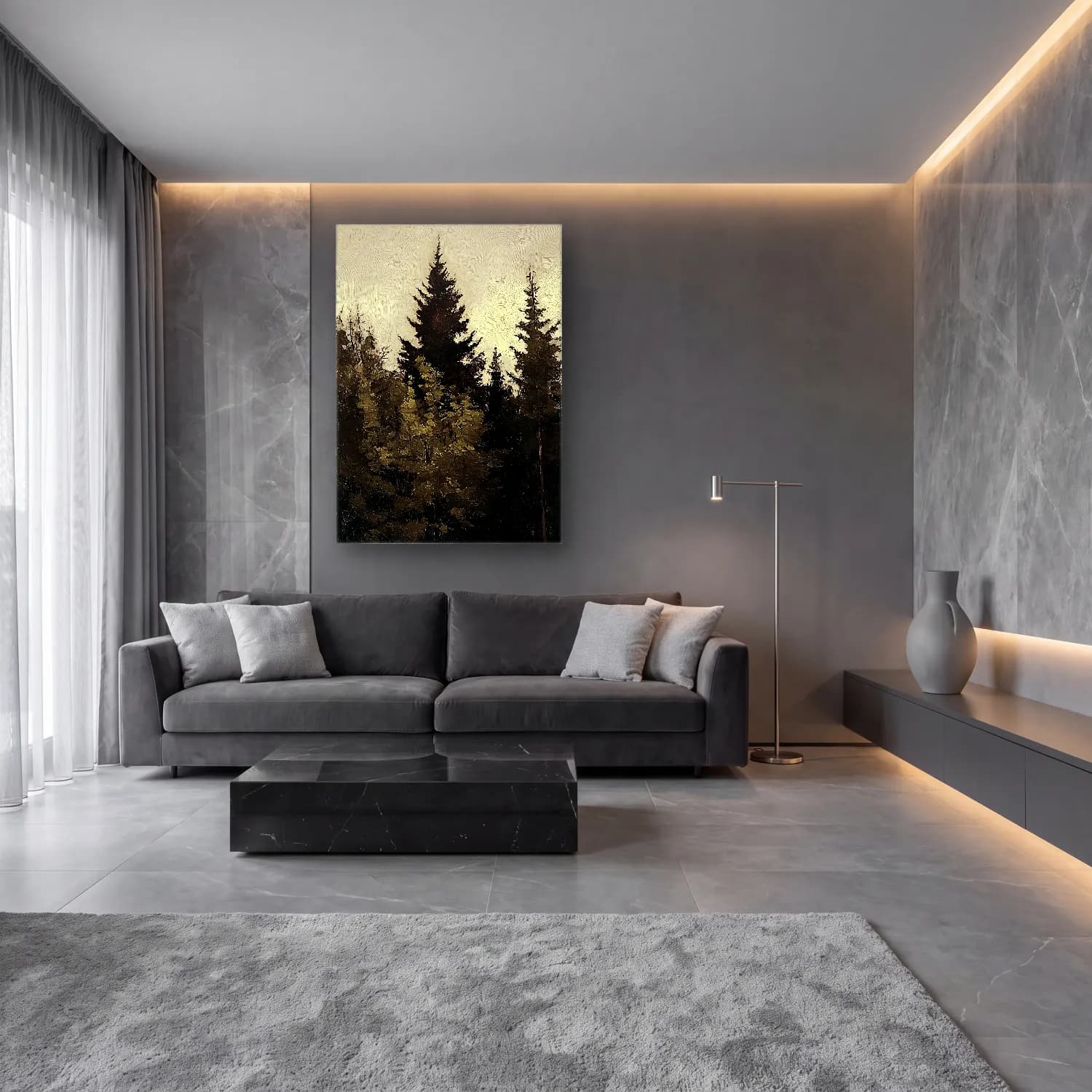 Yağlı Boya Orman No. 13 cam tablo — lüks salon duvarında