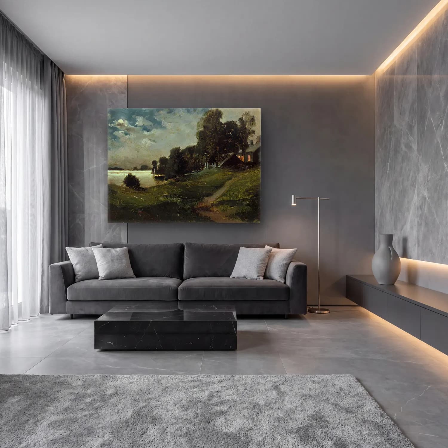Yağlı Boya Kırda Nehir No. 41 cam tablo — lüks salon duvarında