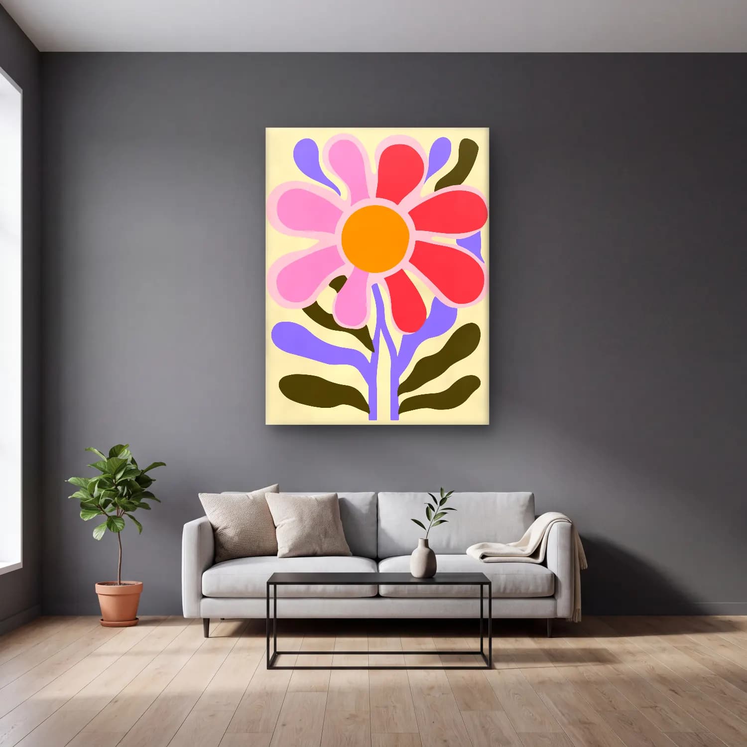 Boho Çiçek Deseni No. 51 cam tablo — gri duvarlı salonda