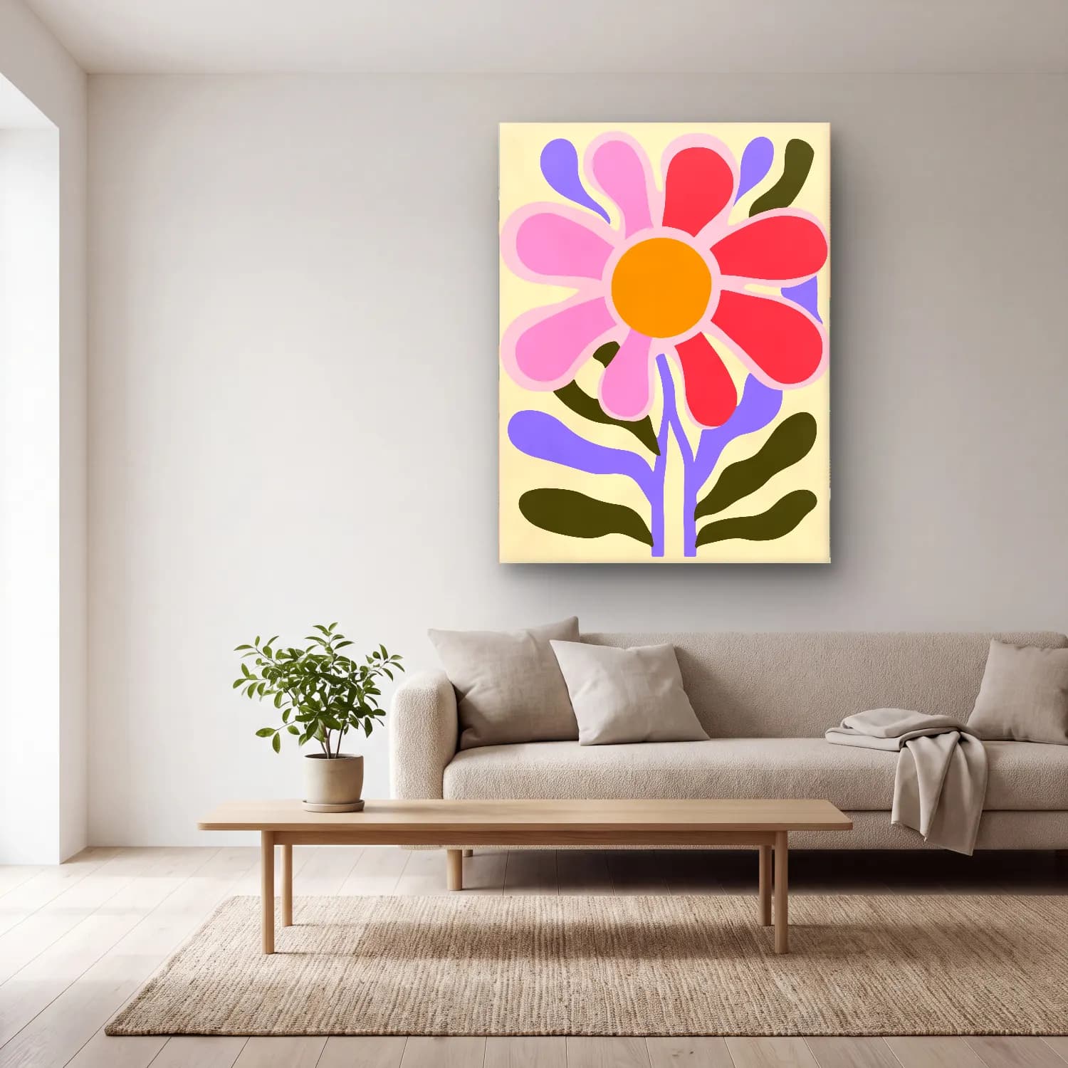 Boho Çiçek Deseni No. 51 cam tablo — açık renk salonda