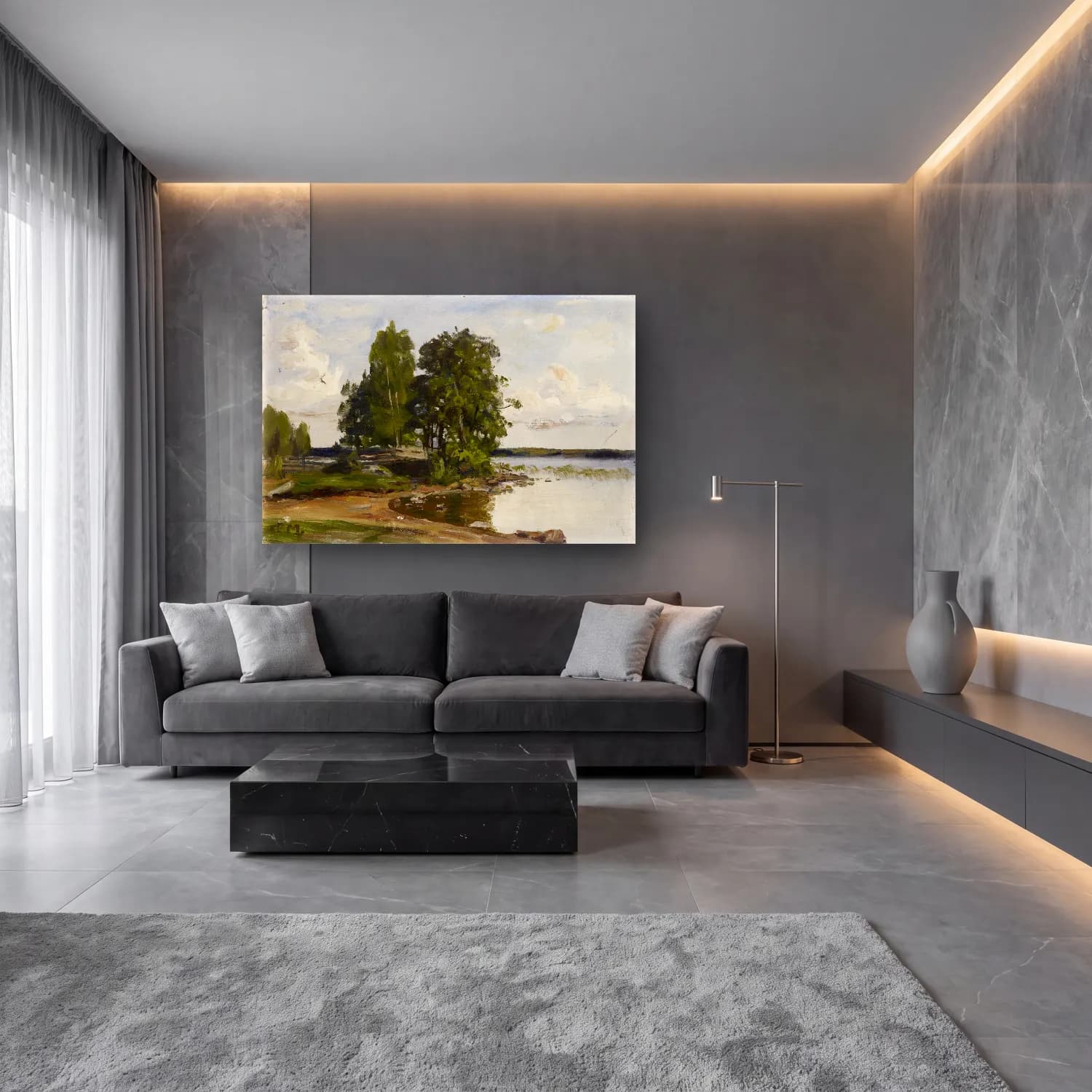 Yağlı Boya Kırda Nehir No. 44 cam tablo — lüks salon duvarında