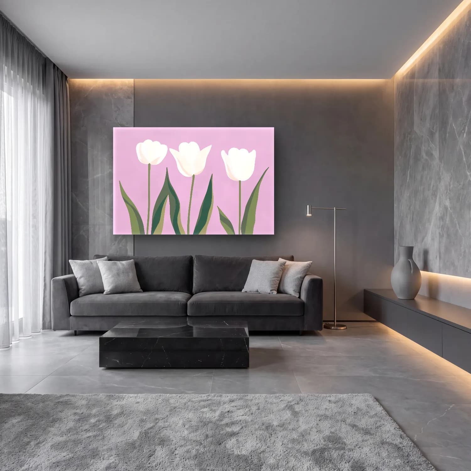 Pastel Laleler – Pembe Tonlar cam tablo — lüks salon duvarında