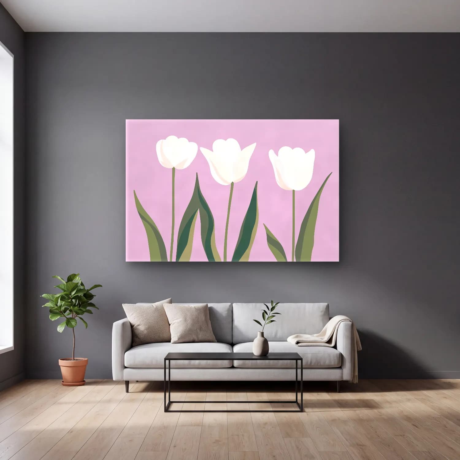 Pastel Laleler – Pembe Tonlar cam tablo — gri duvarlı salonda