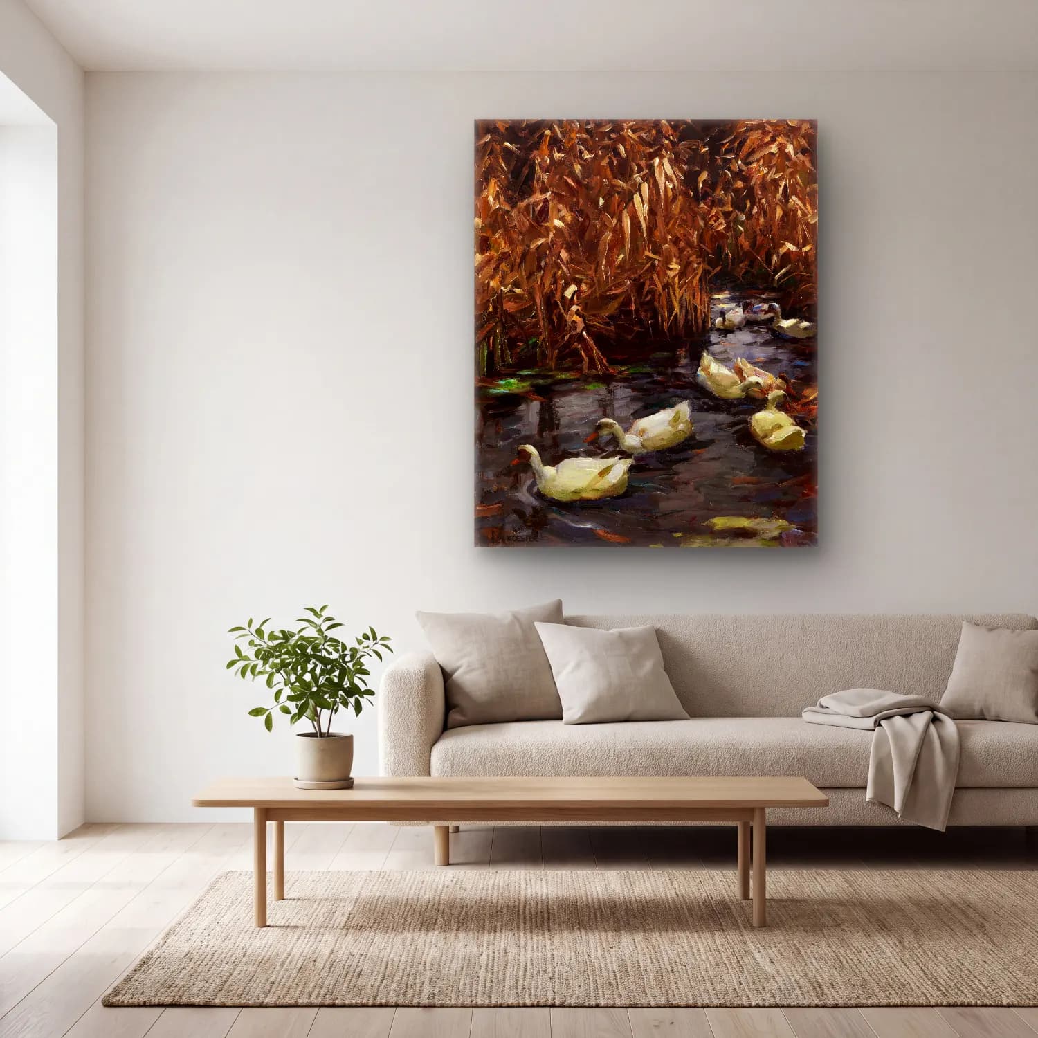 Yağlı Boya Ördekler No. 10 cam tablo — açık renk salonda