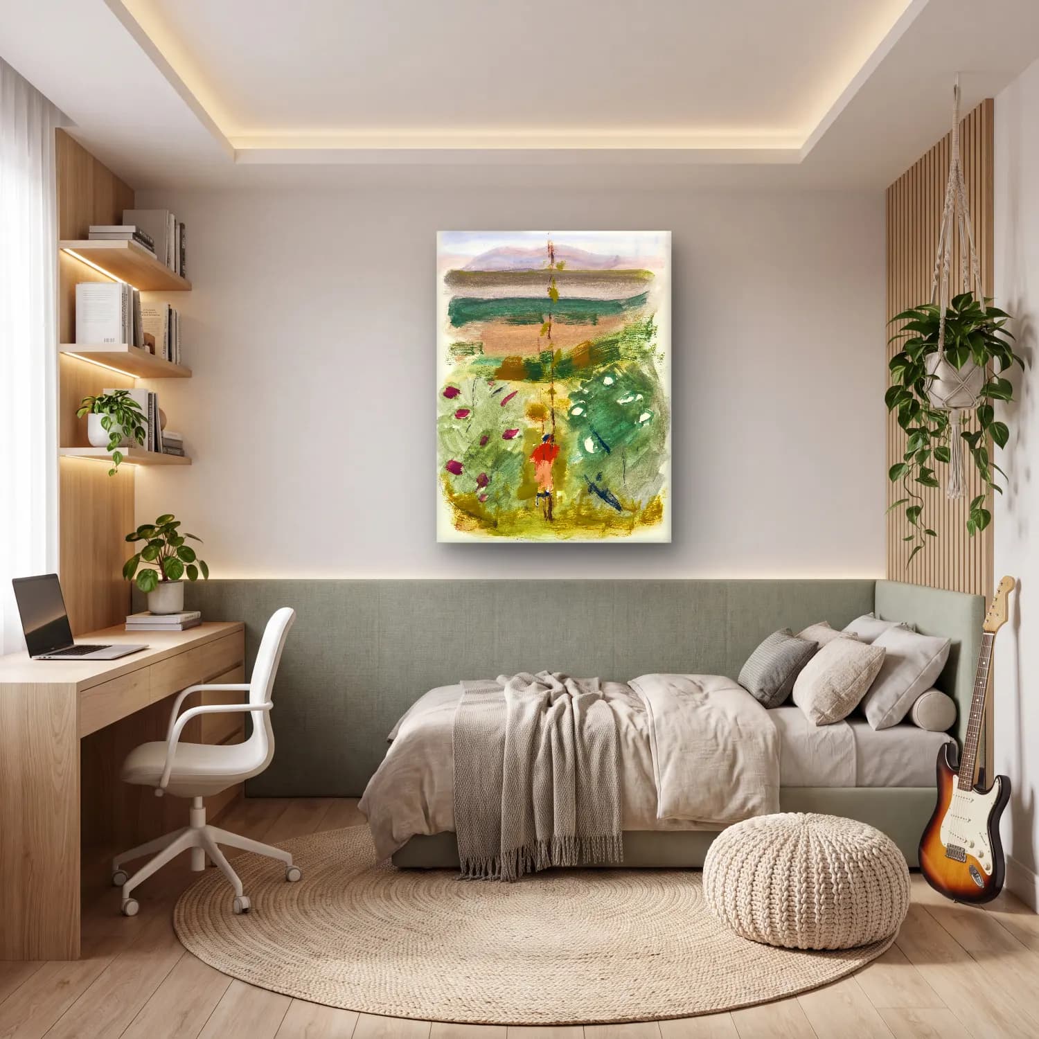 Suluboya Soyut Manzara – Yeşil Tonlar cam tablo — genç odasında