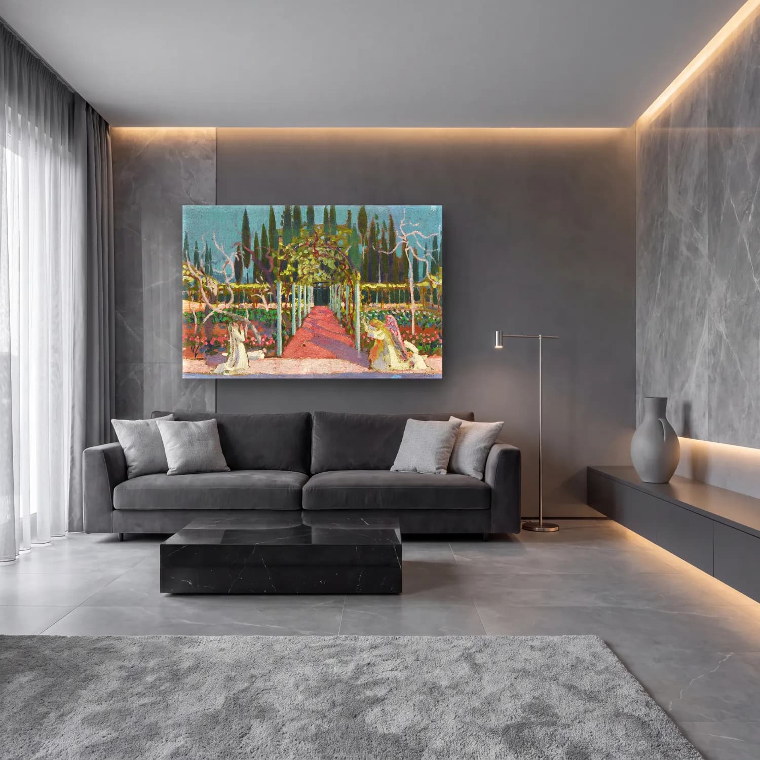 Empresyonist Çiçek Bahçesi No. 32 cam tablo — lüks salon duvarında