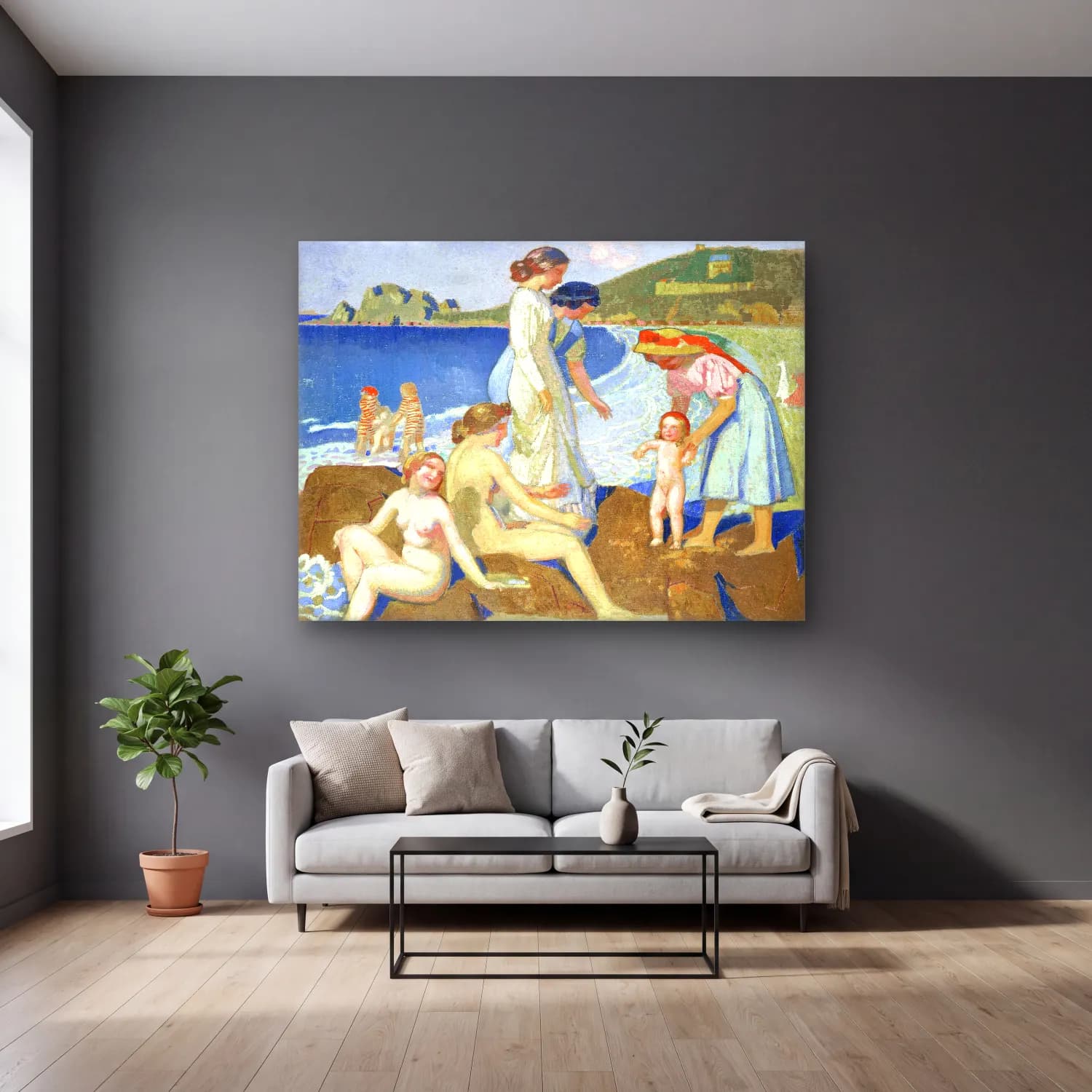 Empresyonist Sahilde İnsanlar No. 13 cam tablo — gri duvarlı salonda