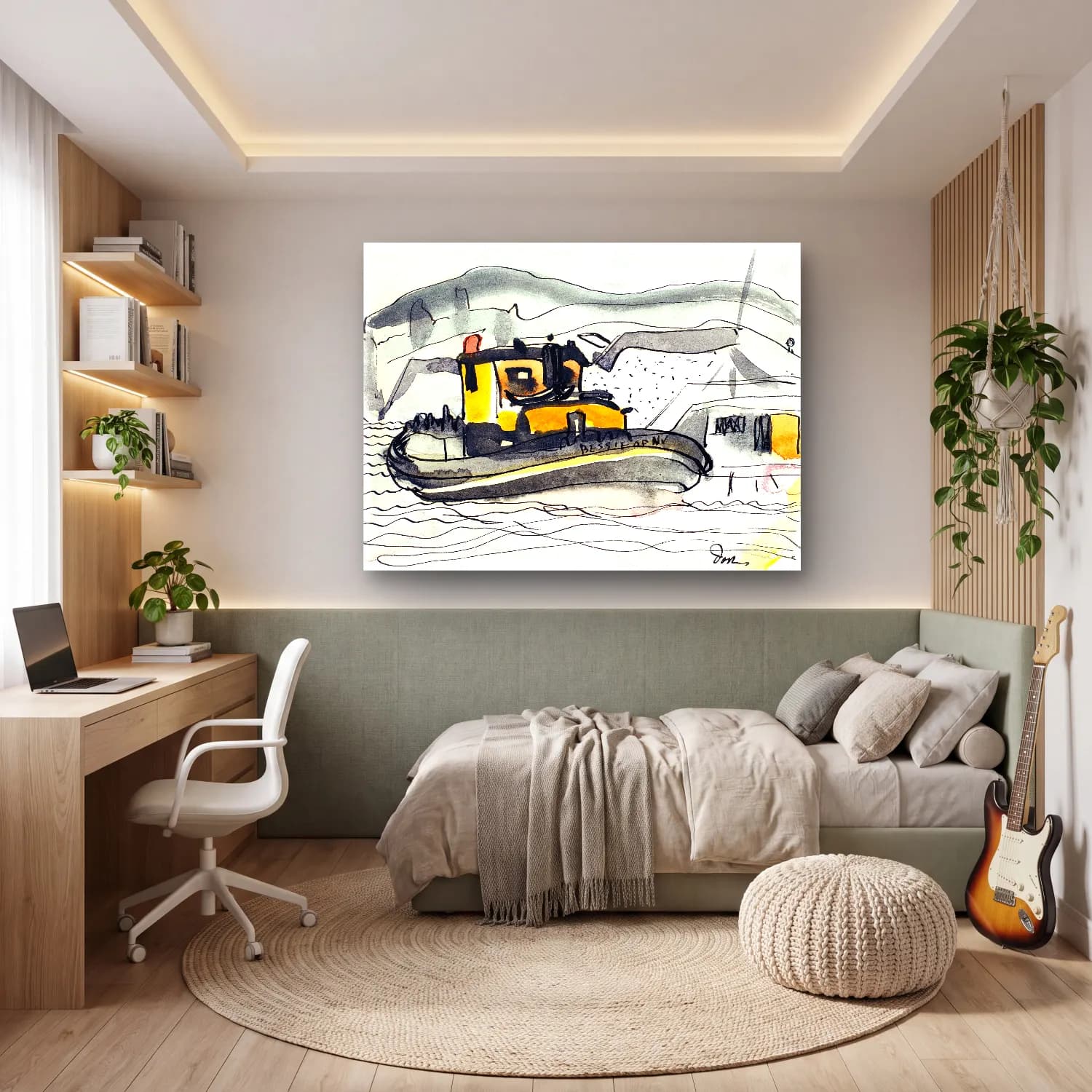 Suluboya Fırtınalı Denizde Gemi – Sarı Tonlar cam tablo — genç odasında