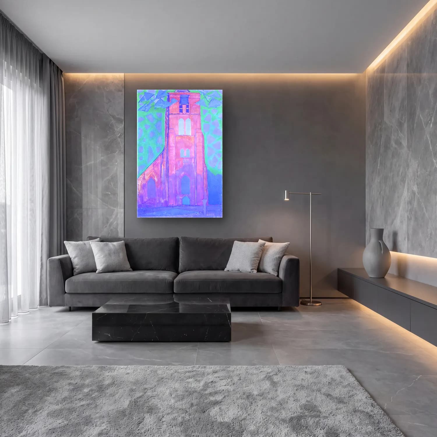 Empresyonist Katedral – Pembe Tonlar cam tablo — lüks salon duvarında