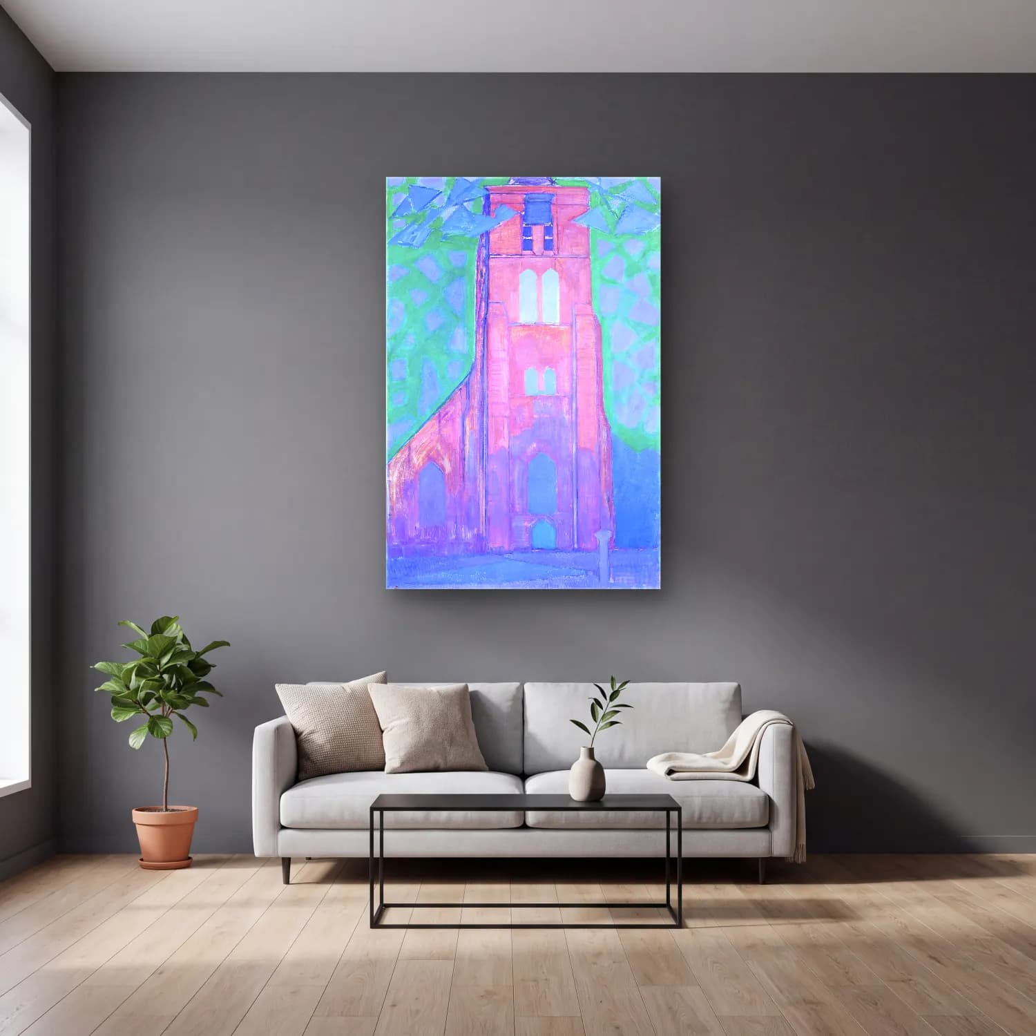 Empresyonist Katedral – Pembe Tonlar cam tablo — gri duvarlı salonda
