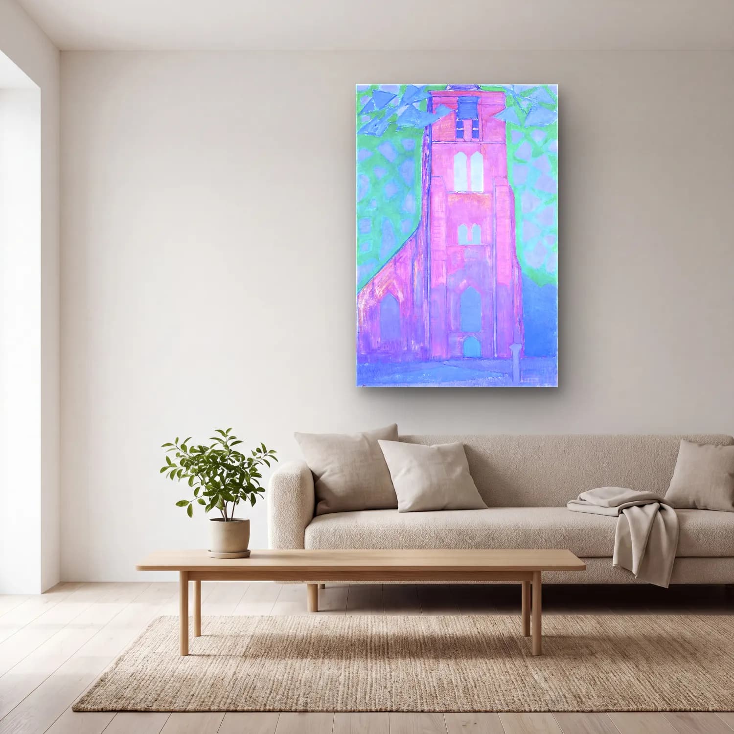 Empresyonist Katedral – Pembe Tonlar cam tablo — açık renk salonda