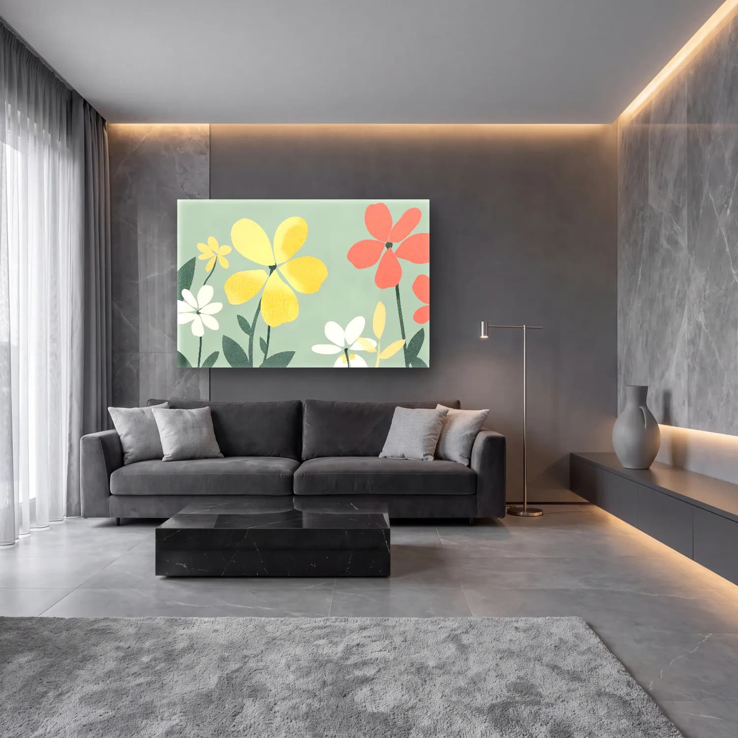 Pastel Çiçek Deseni No. 30 cam tablo — lüks salon duvarında