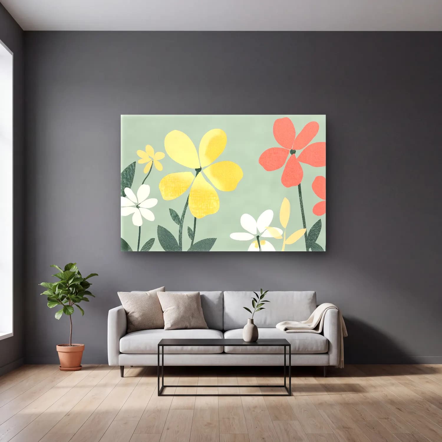 Pastel Çiçek Deseni No. 30 cam tablo — gri duvarlı salonda