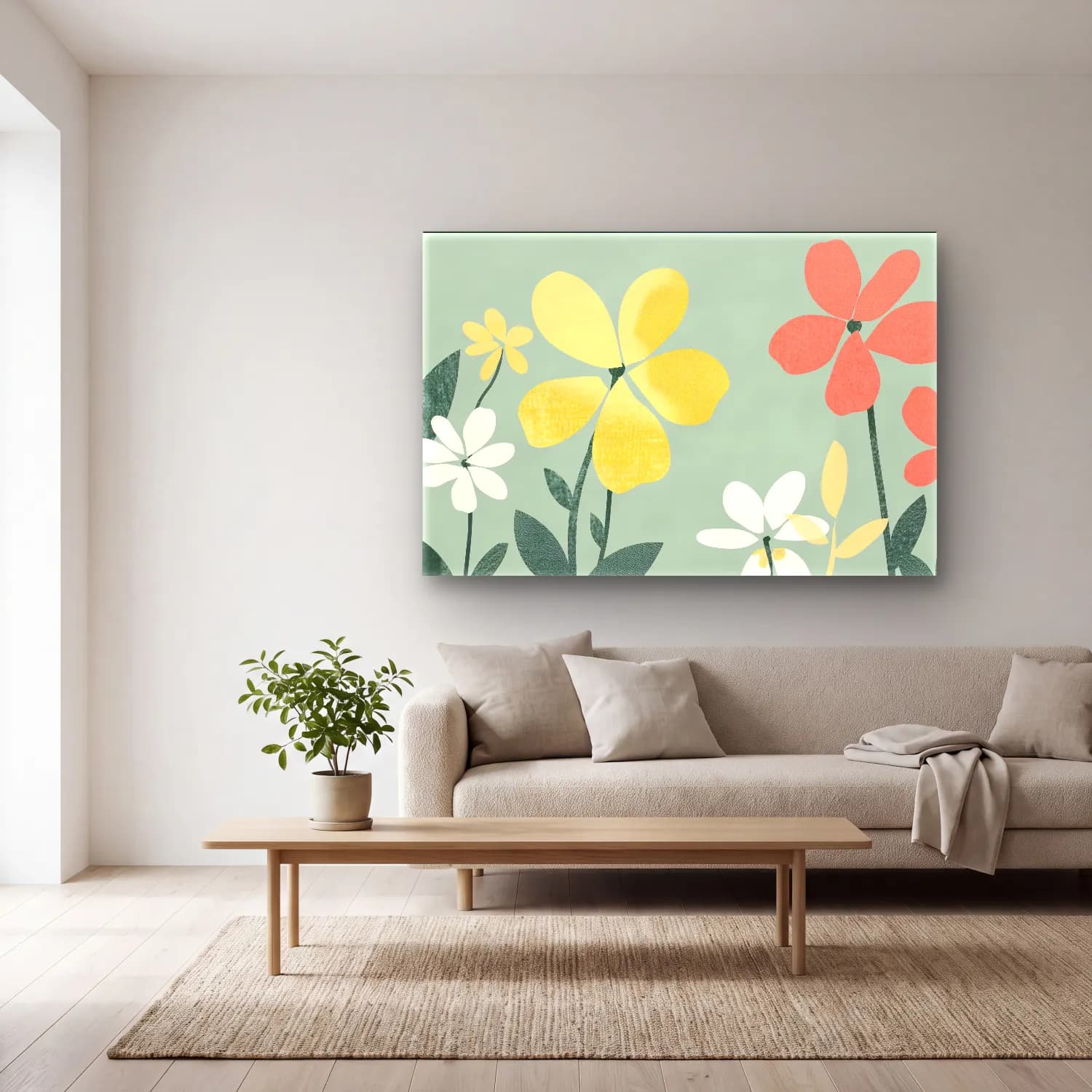 Pastel Çiçek Deseni No. 30 cam tablo — açık renk salonda