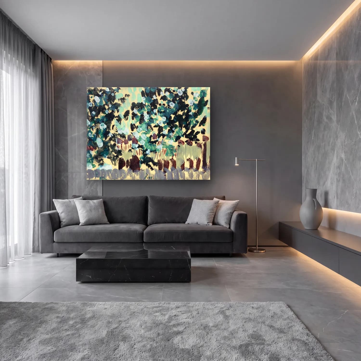 Boho Çiçek Bahçesi – Turkuaz Tonlar cam tablo — lüks salon duvarında