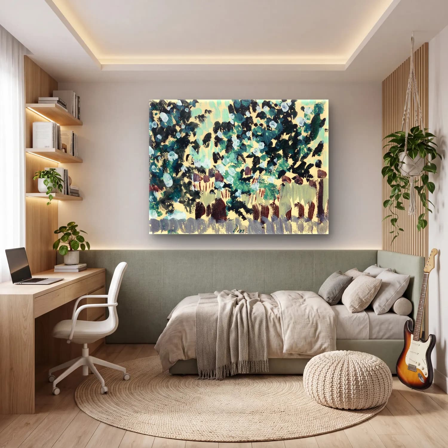Boho Çiçek Bahçesi – Turkuaz Tonlar cam tablo — genç odasında