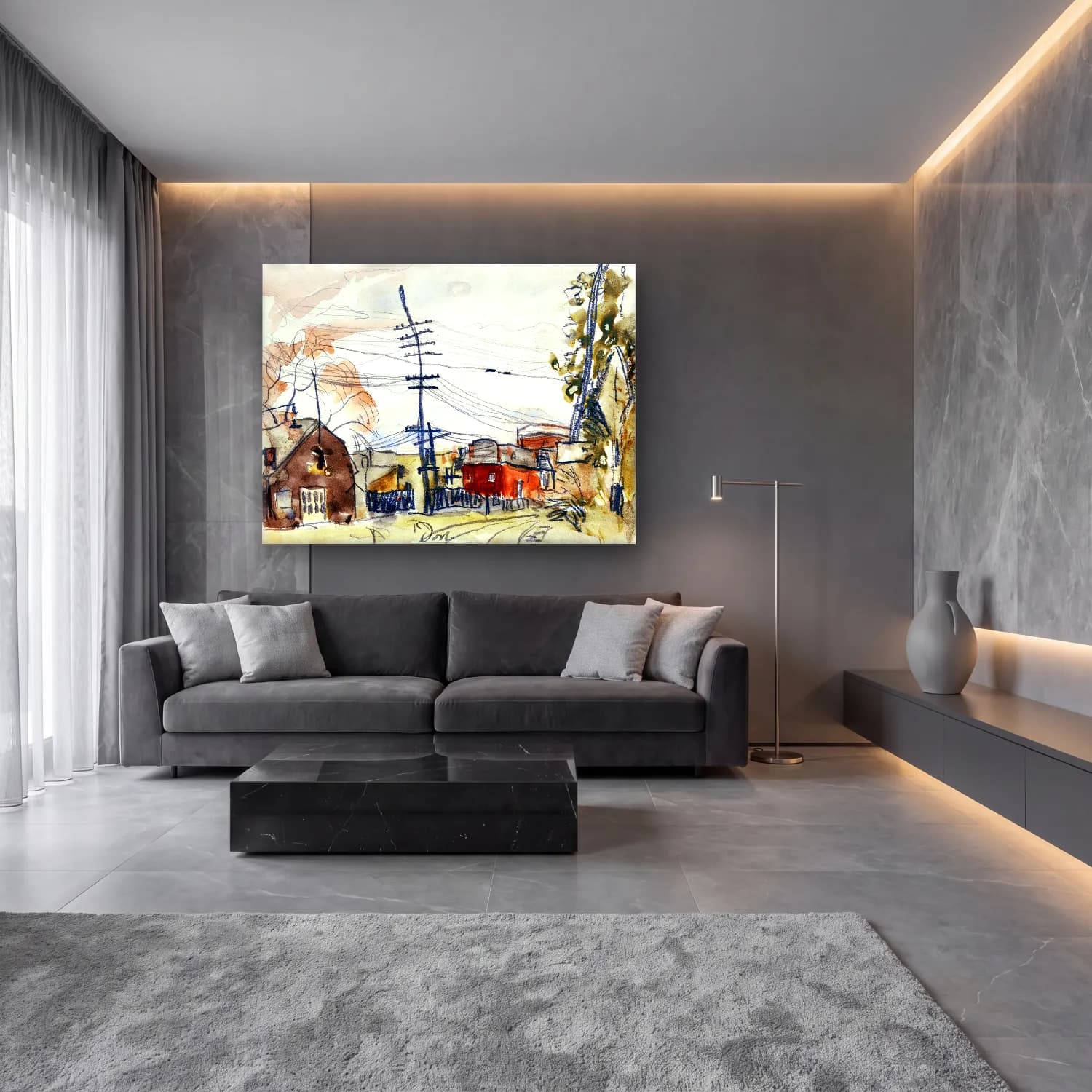 Suluboya Köy Sokağı No. 4 cam tablo — lüks salon duvarında
