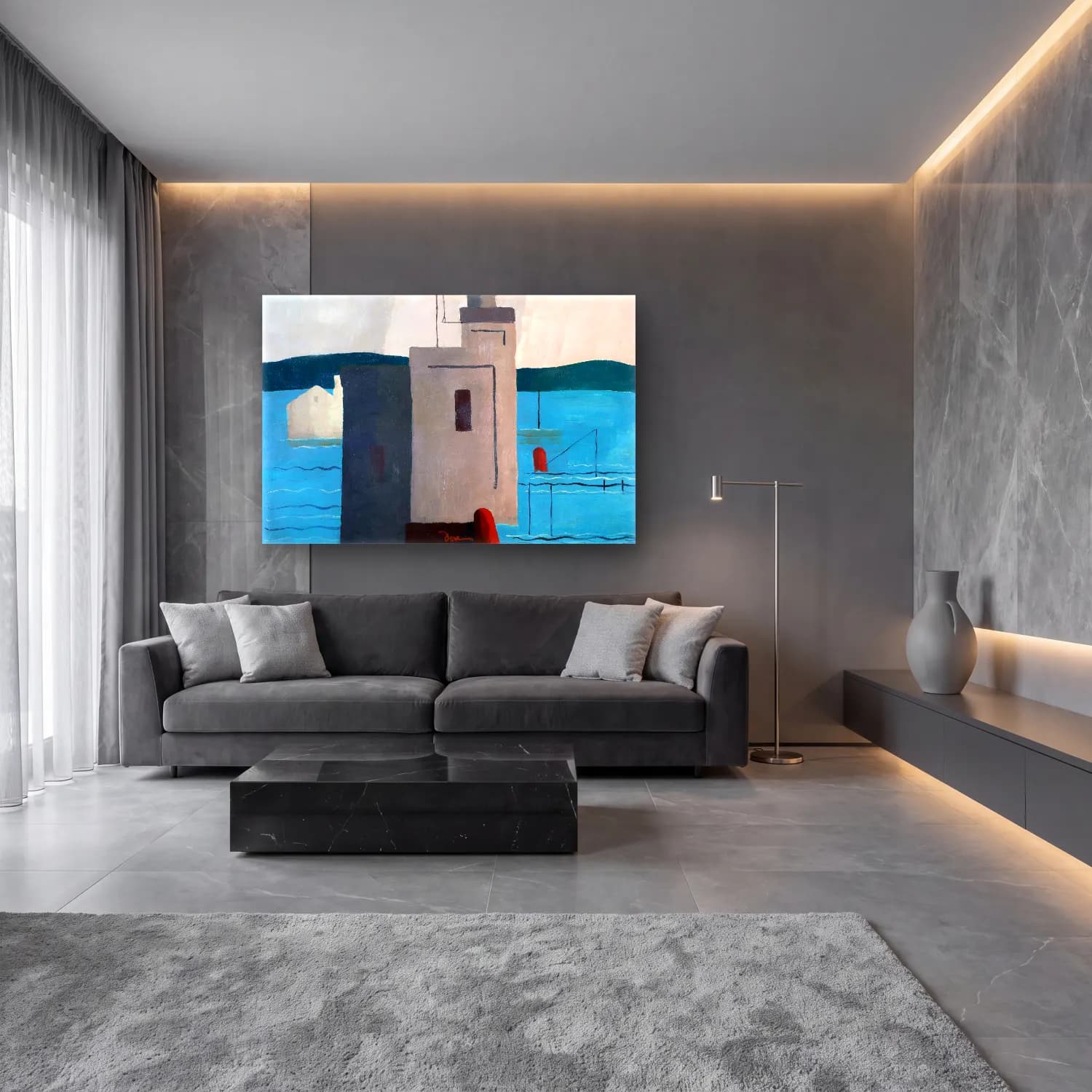 Modern Soyut Deniz Feneri cam tablo — lüks salon duvarında
