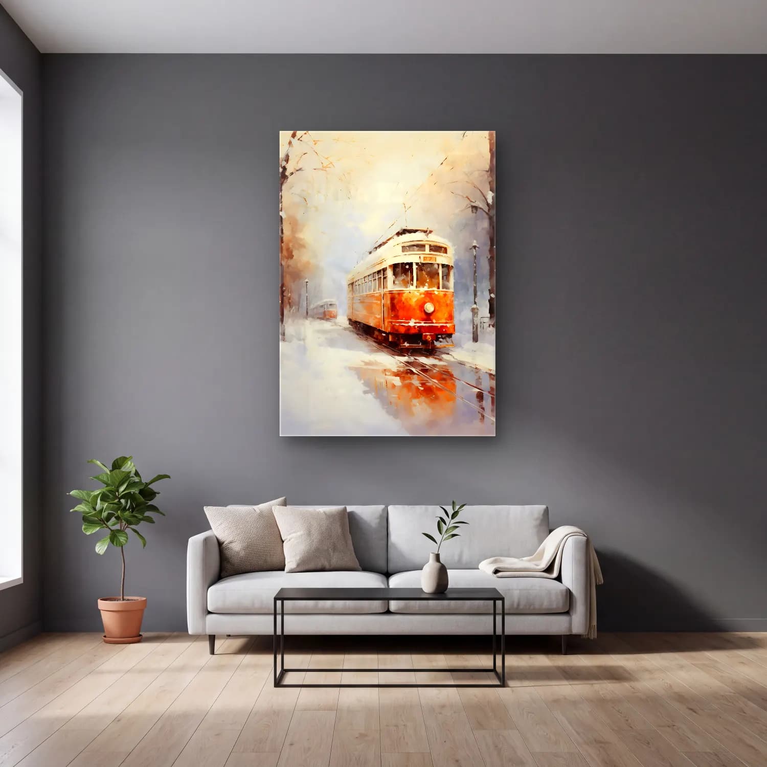 Suluboya Tren – Turuncu Tonlar cam tablo — gri duvarlı salonda