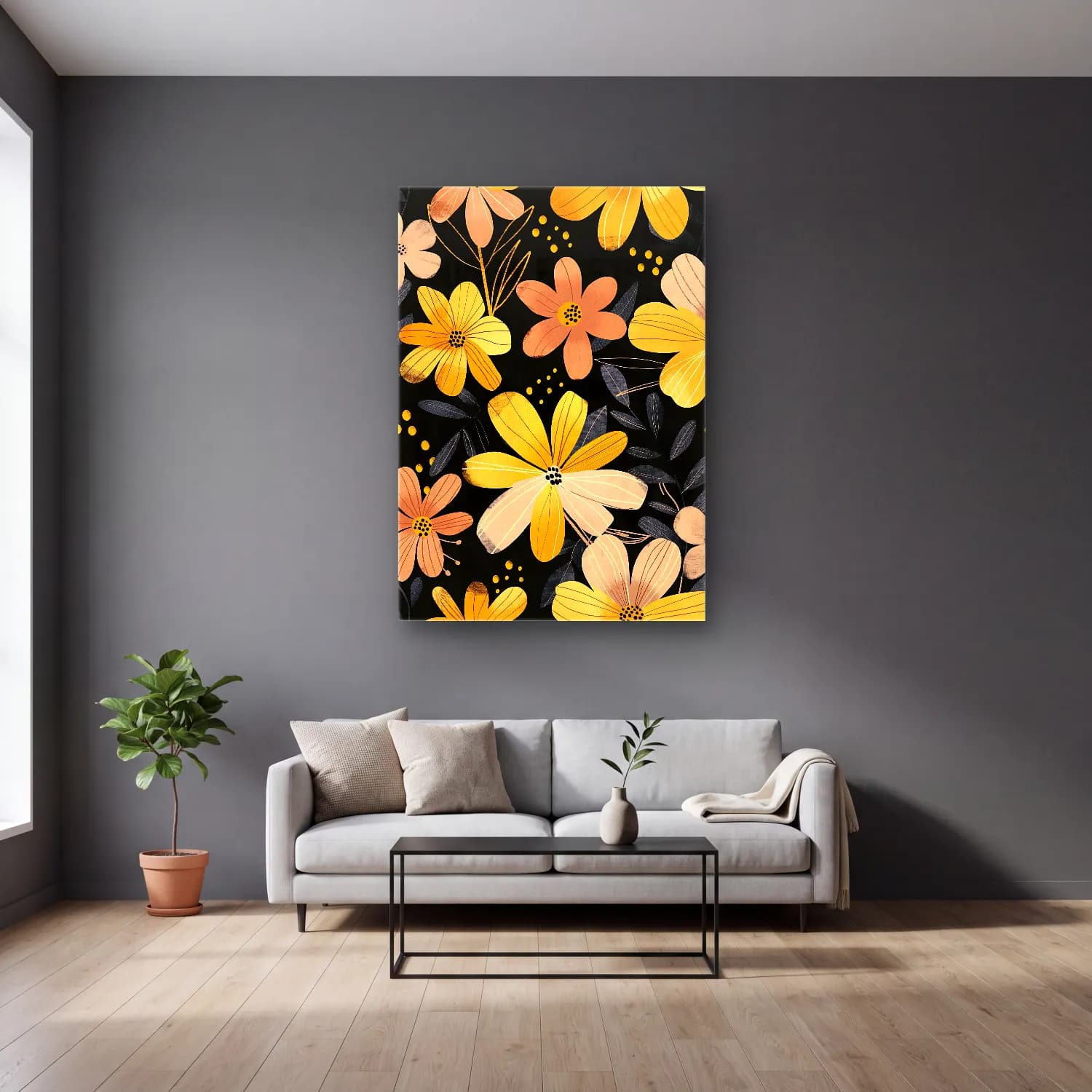 Boho Çiçek Deseni No. 52 cam tablo — gri duvarlı salonda