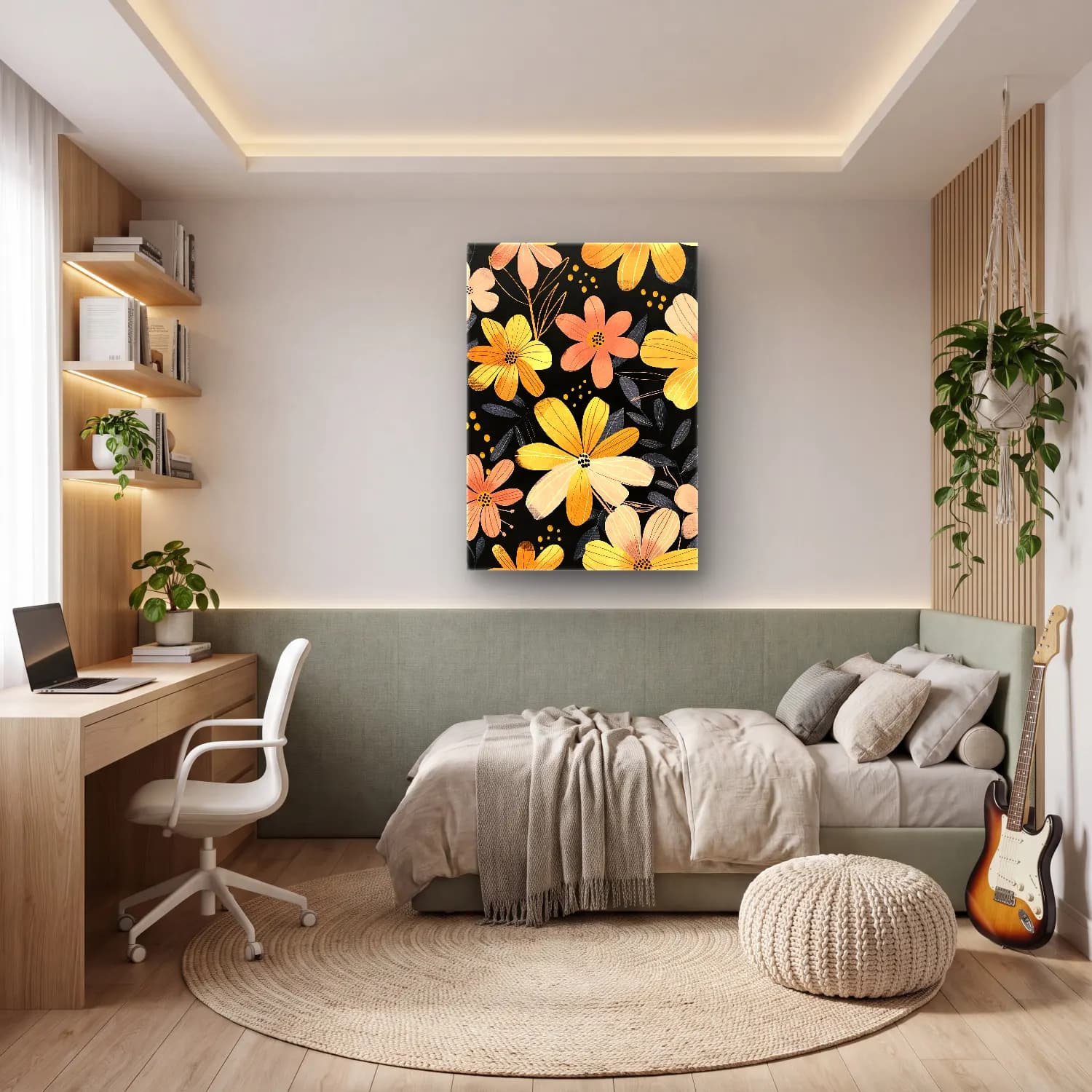 Boho Çiçek Deseni No. 52 cam tablo — genç odasında