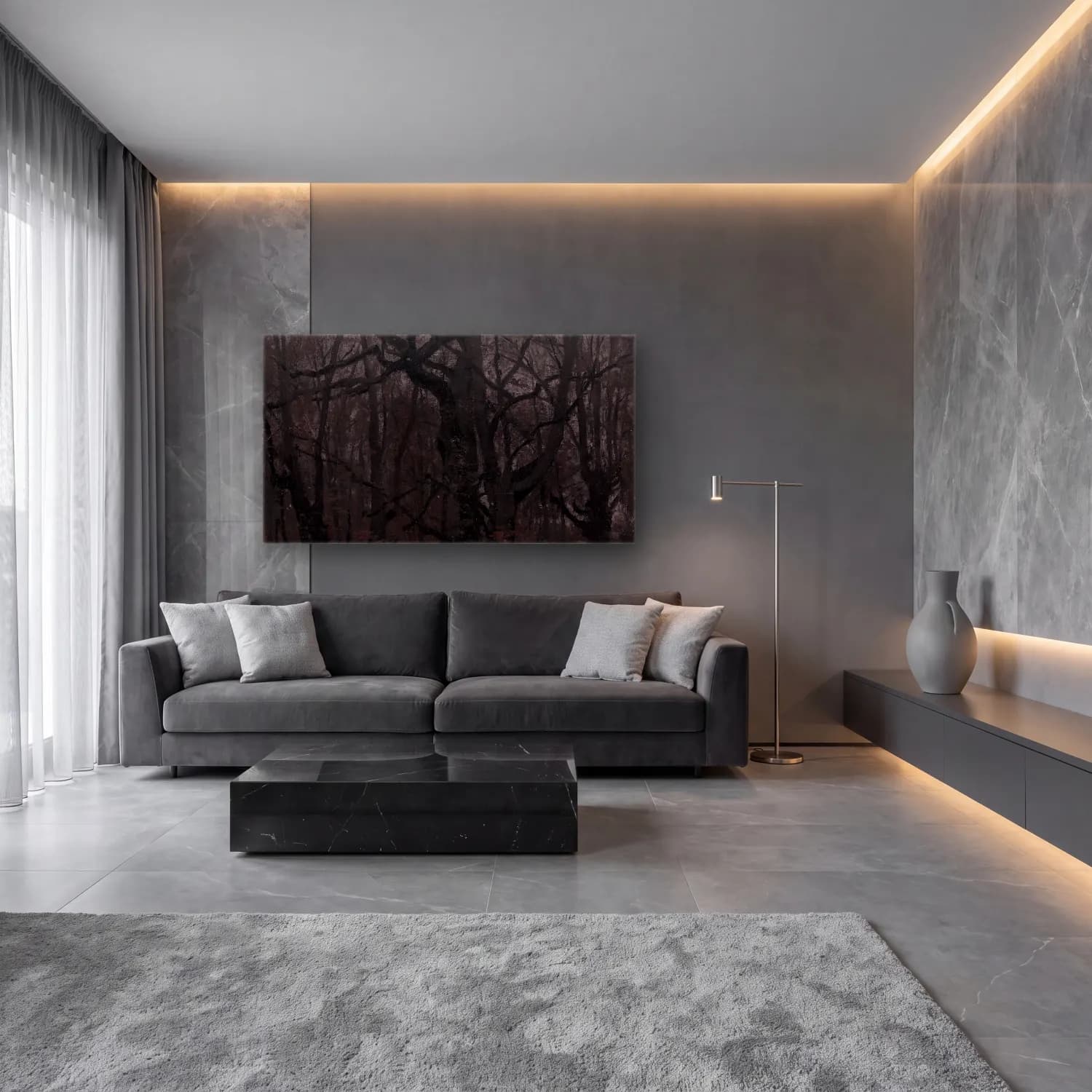 Siyah Beyaz Sisli Orman – Siyah Beyaz Tonlar cam tablo — lüks salon duvarında