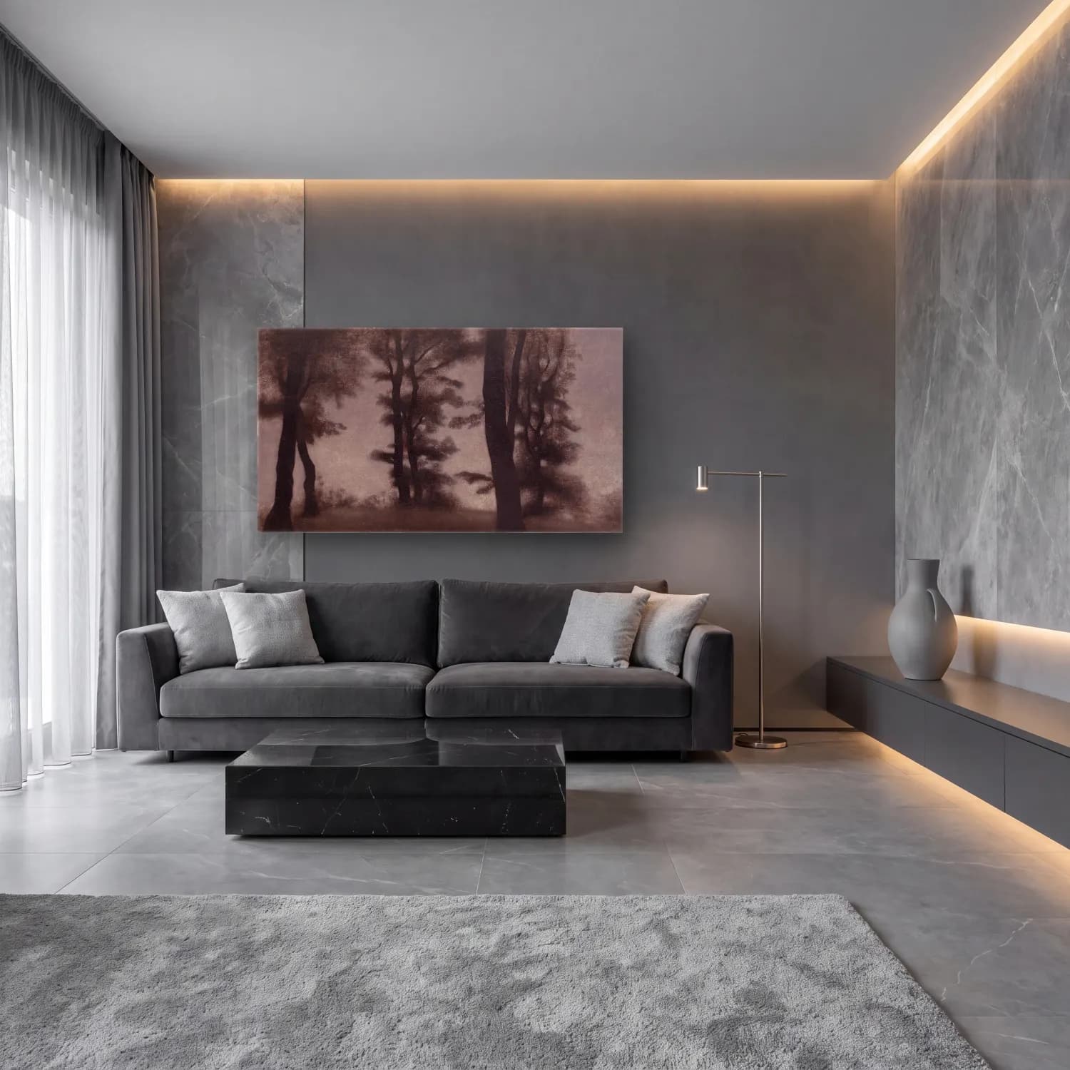 Siyah Beyaz Orman No. 4 cam tablo — lüks salon duvarında