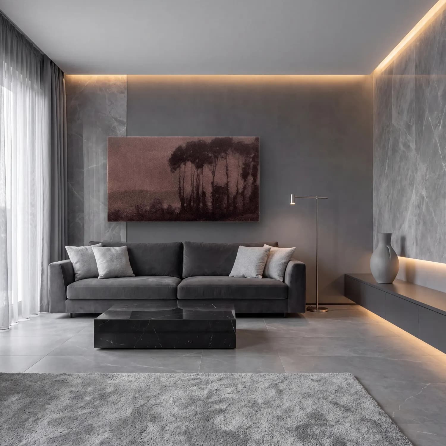 Siyah Beyaz Orman No. 5 cam tablo — lüks salon duvarında