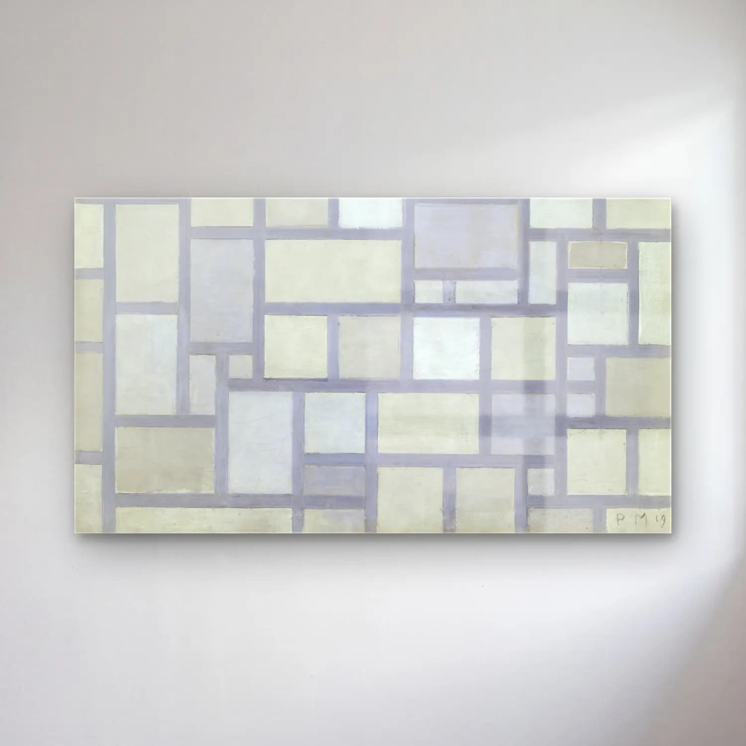 Piet Mondrian – Composition in bright colors with gray lines cam tablo — Piet Mondrian – Composition in bright colors with gray lines — modern soyut dama deseni