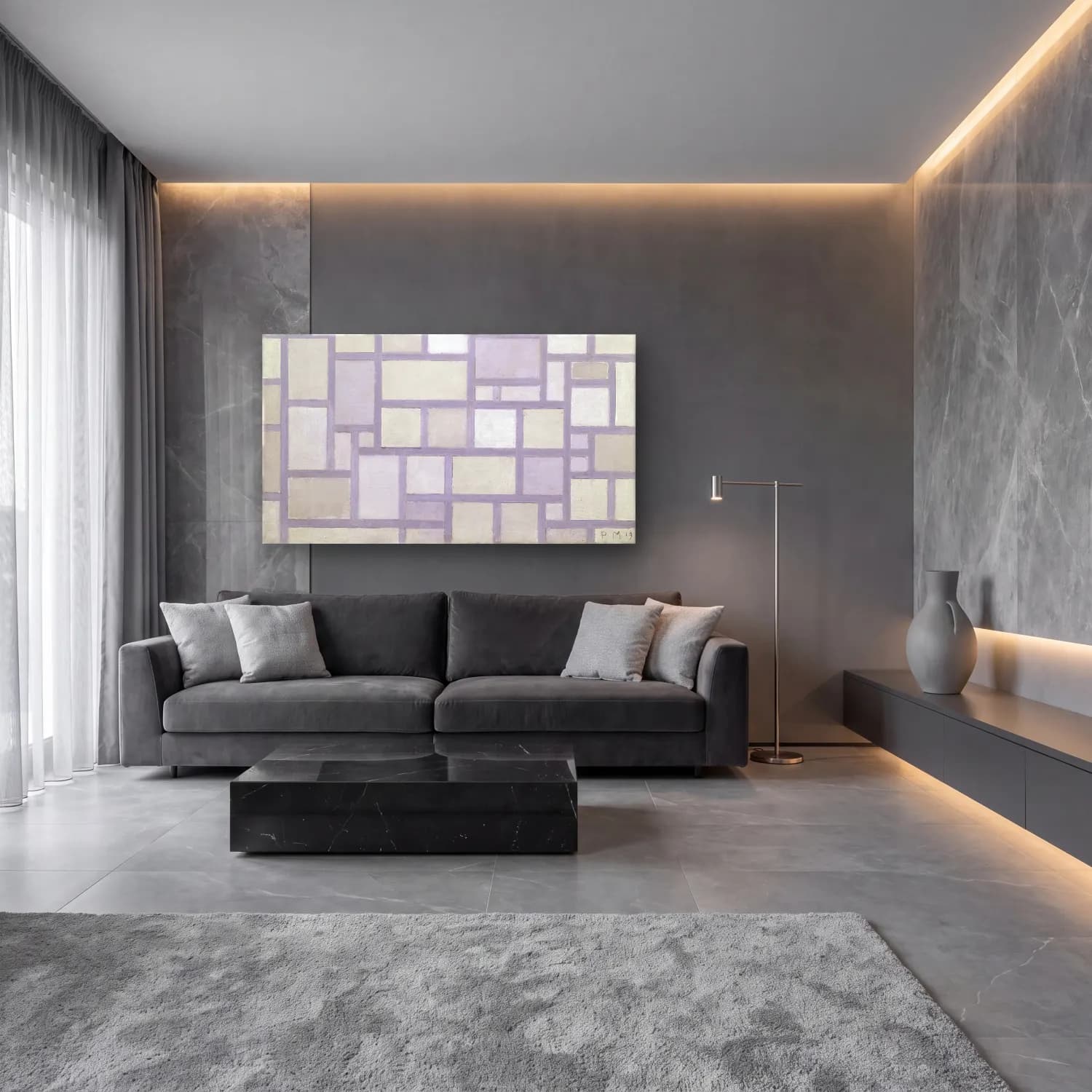 Piet Mondrian – Composition in bright colors with gray lines cam tablo — lüks salon duvarında