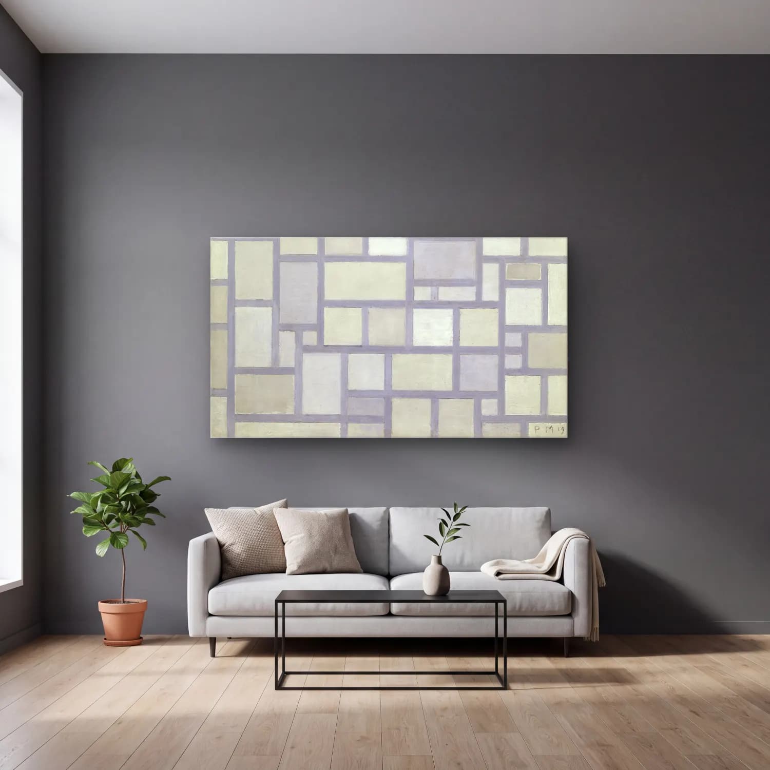 Piet Mondrian – Composition in bright colors with gray lines cam tablo — gri duvarlı salonda