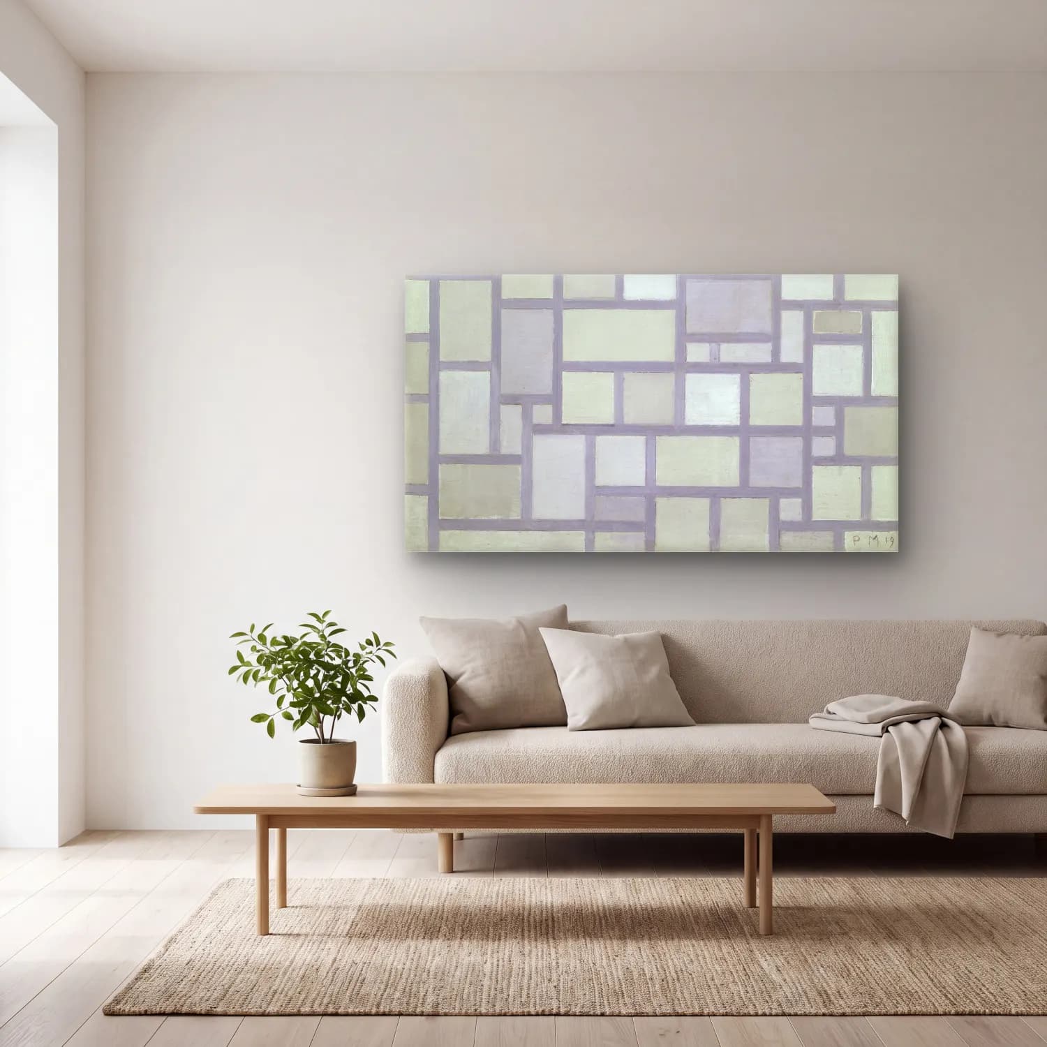 Piet Mondrian – Composition in bright colors with gray lines cam tablo — açık renk salonda