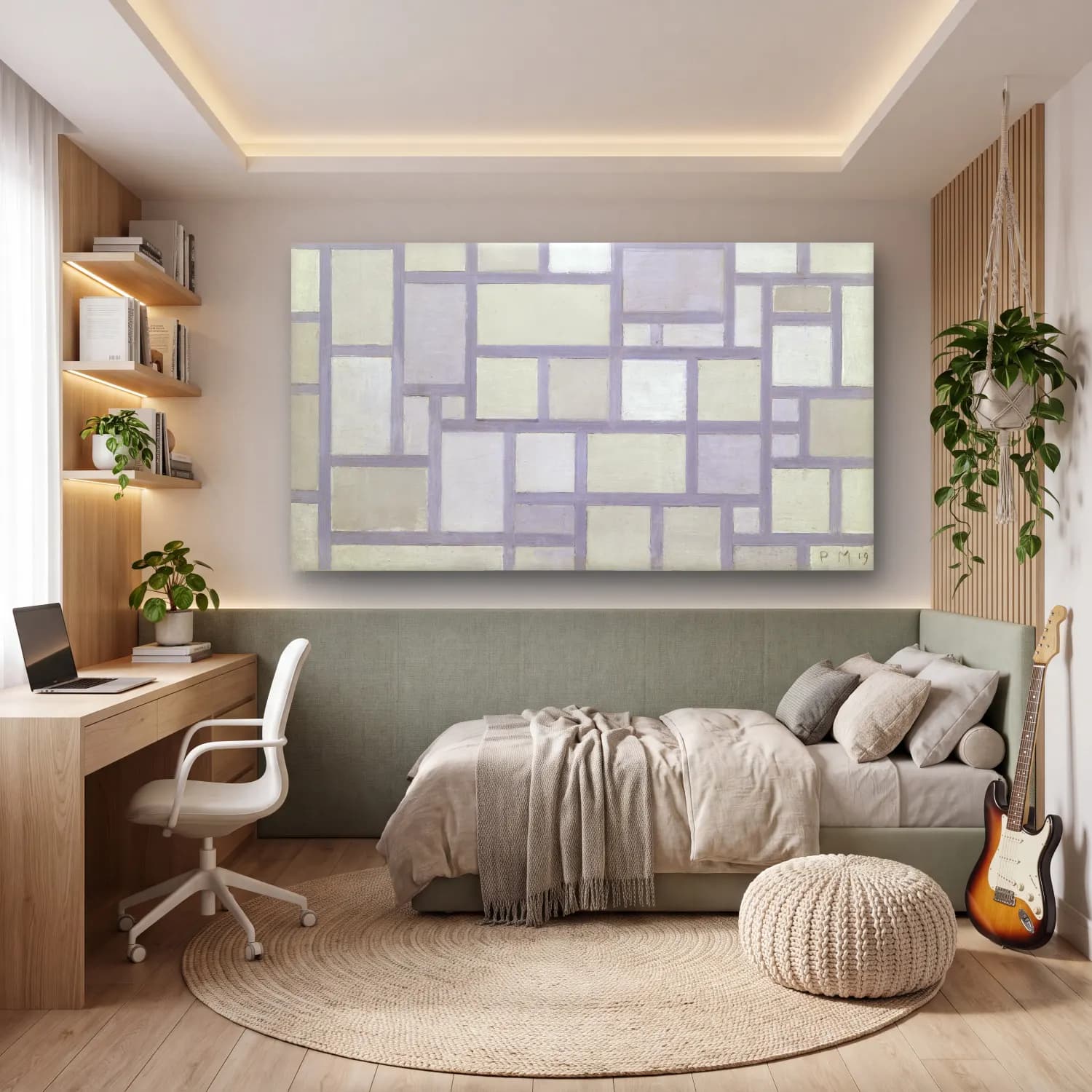 Piet Mondrian – Composition in bright colors with gray lines cam tablo — genç odasında