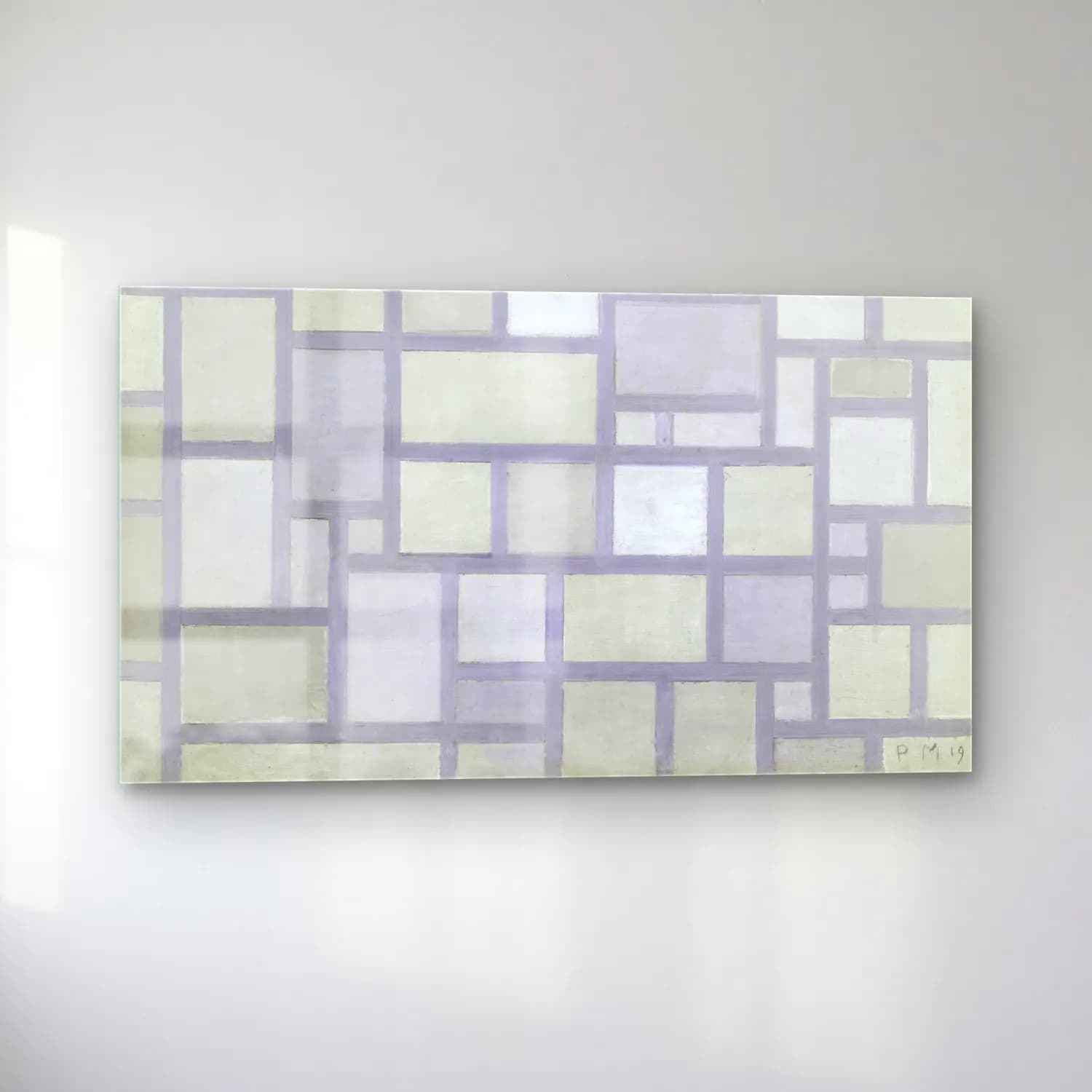 Piet Mondrian – Composition in bright colors with gray lines cam tablo — sol açıdan görünüm