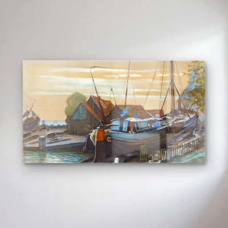 Piet Mondrian – Drydock at Durgerdam cam tablo — Piet Mondrian – Drydock at Durgerdam — suluboya liman ve tekneler