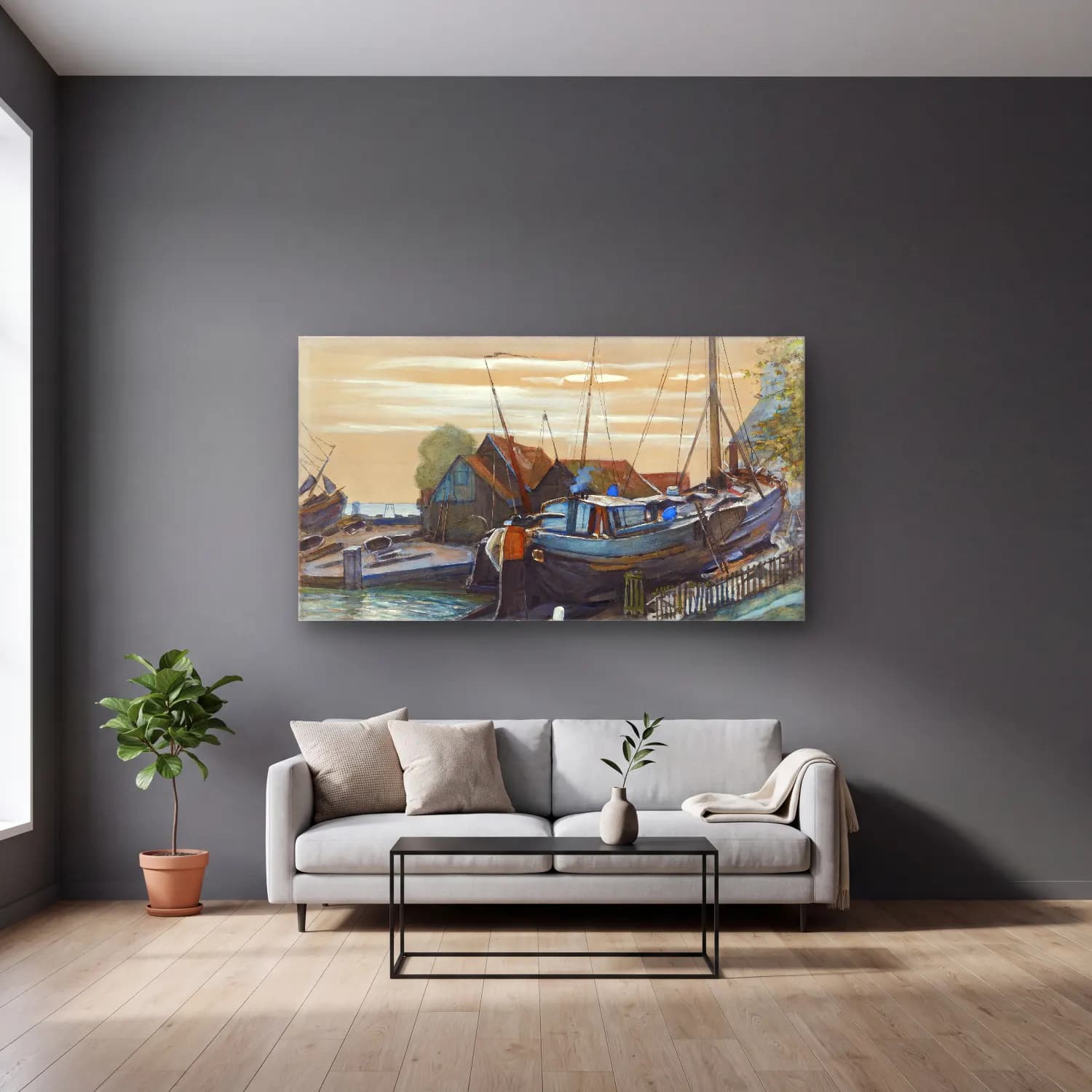 Piet Mondrian – Drydock at Durgerdam cam tablo — gri duvarlı salonda