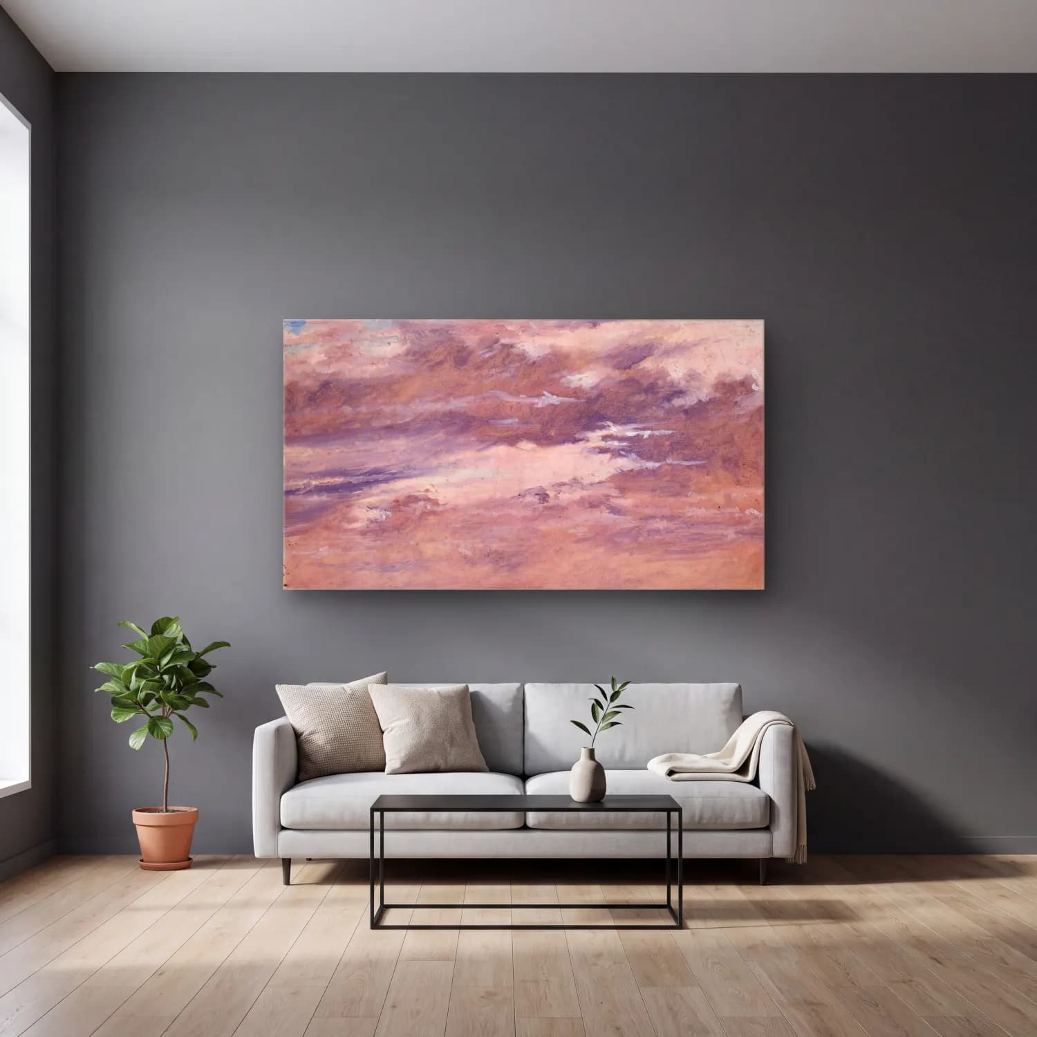 Christen Købke – Study of Clouds cam tablo — gri duvarlı salonda