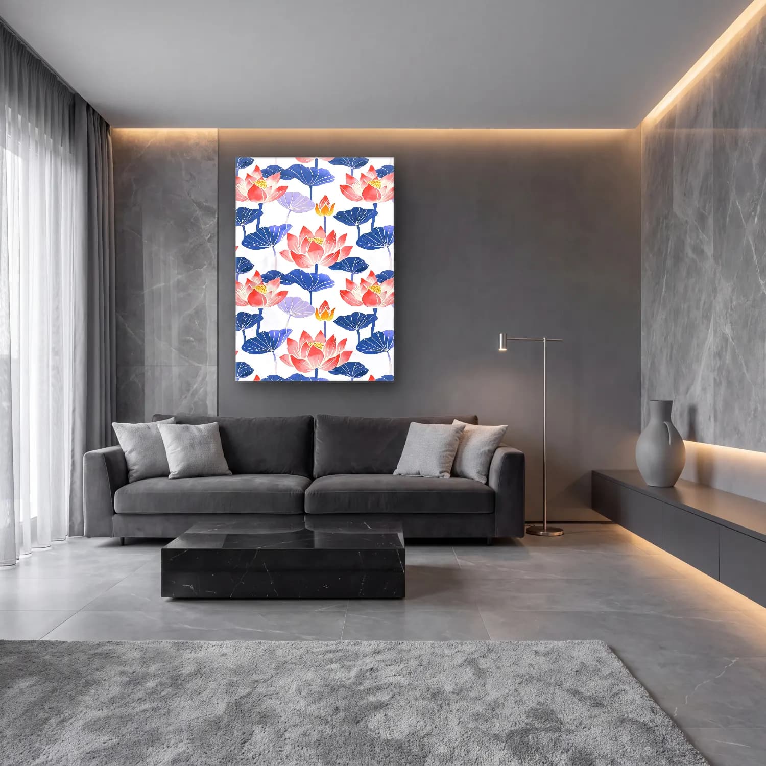 Pastel Lotus Çiçekleri No. 8 cam tablo — lüks salon duvarında