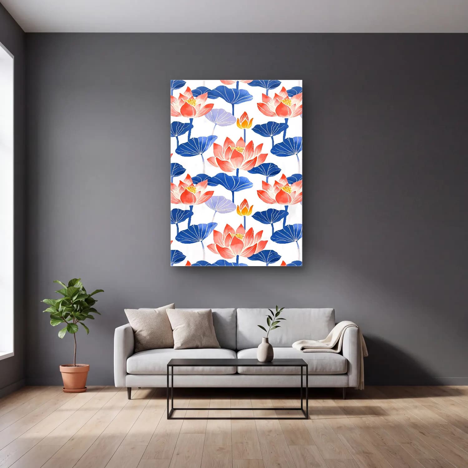 Pastel Lotus Çiçekleri No. 8 cam tablo — gri duvarlı salonda