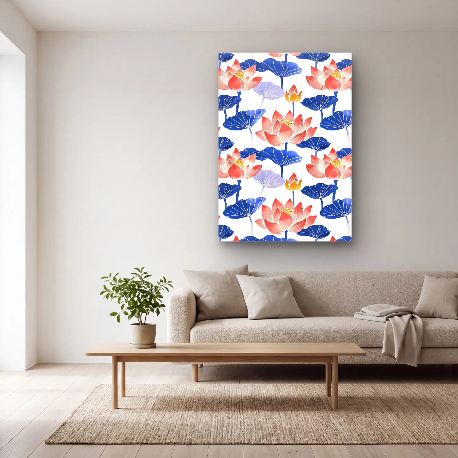 Pastel Lotus Çiçekleri No. 8 cam tablo — açık renk salonda