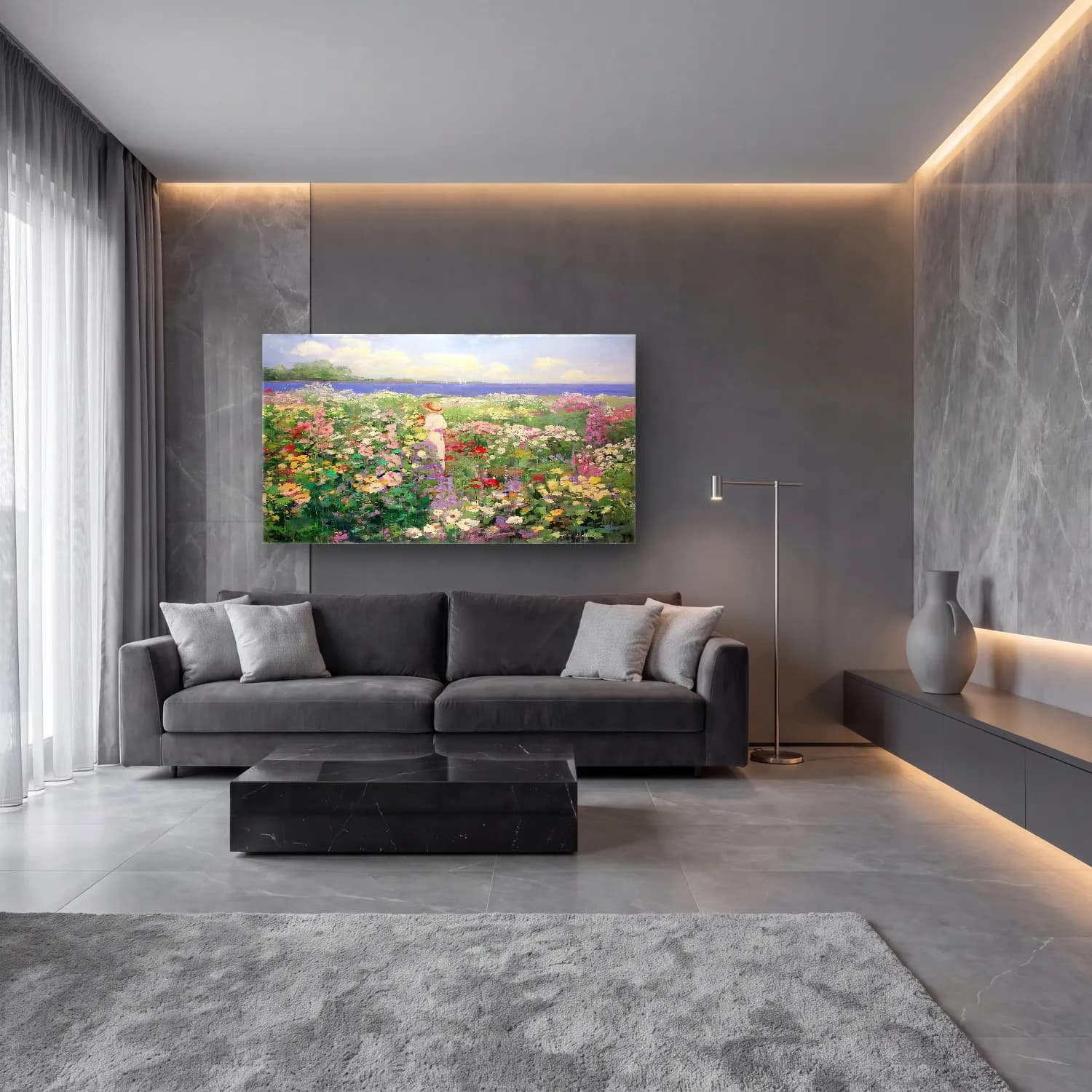 Empresyonist Çiçek Bahçesi No. 41 cam tablo — lüks salon duvarında